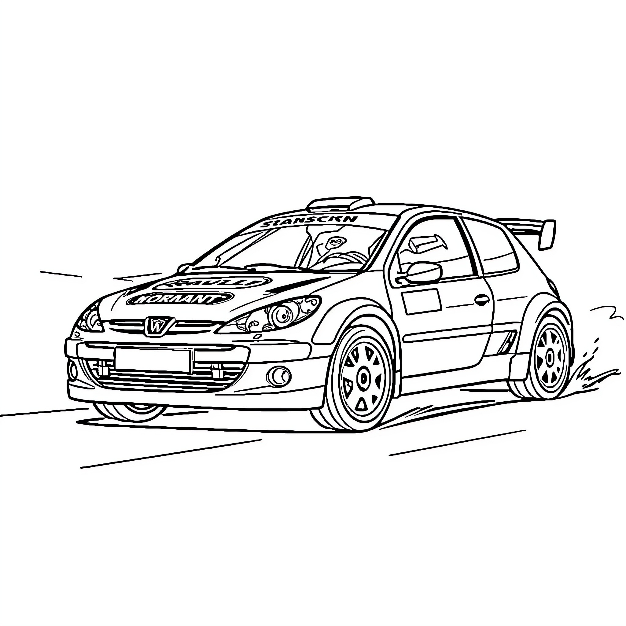 Rally Car Speeding on the Track Coloring Page (free black-and-white line drawing printable PDF for all, from beginners to advanced learners, including children, teens, adults, and seniors)