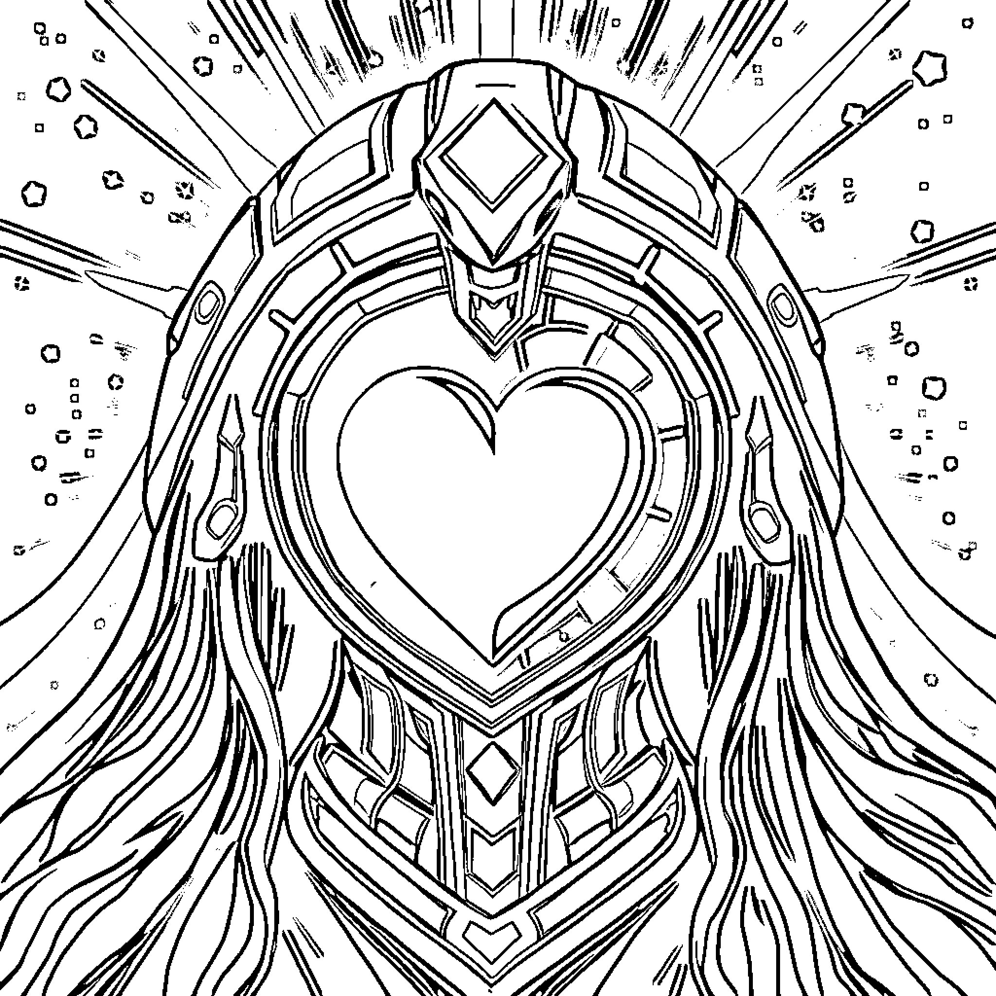 Exoskeleton Heart Armor with Flowing Ornaments Coloring Page (free black-and-white line drawing printable PDF for all, from beginners to advanced learners, including children, teens, adults, and seniors)