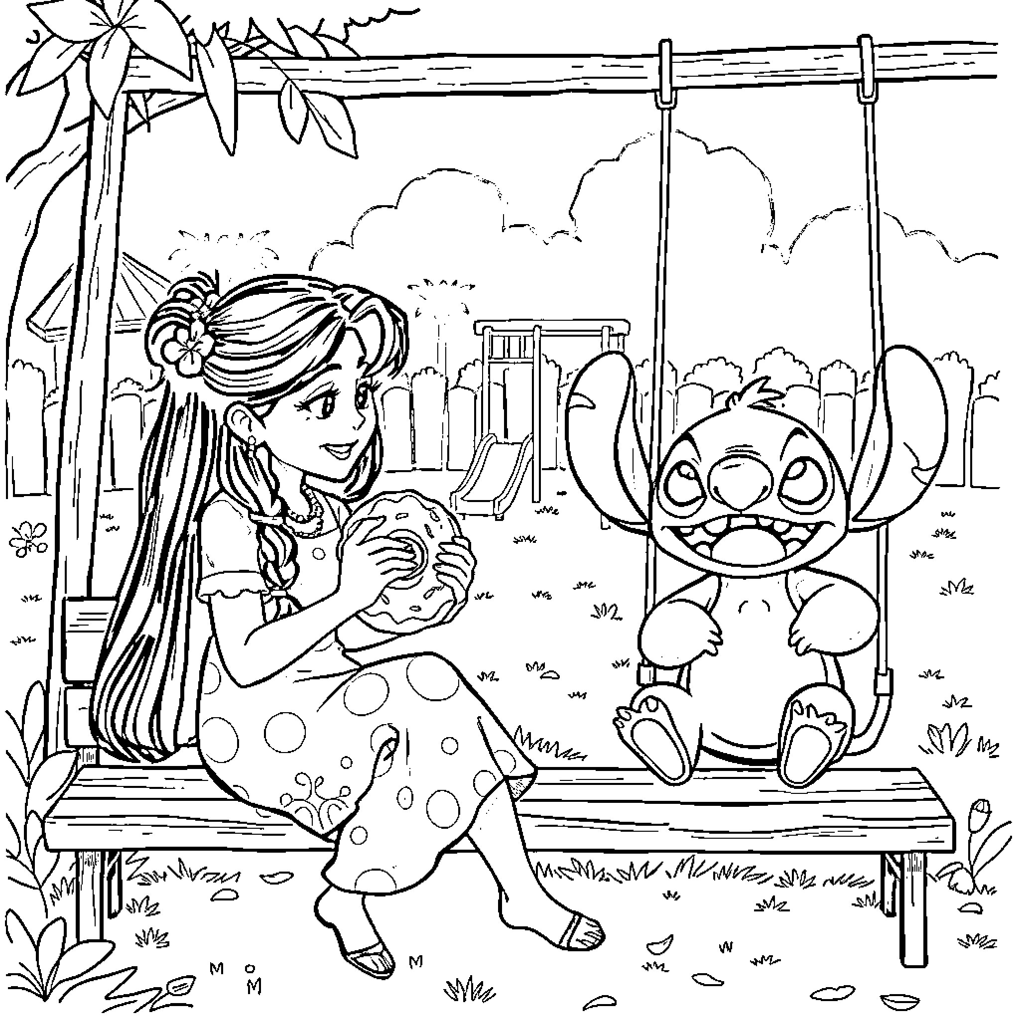 Nani relaxing with her alien friend on the swings Coloring Page (free black-and-white line drawing printable PDF for all, from beginners to advanced learners, including children, teens, adults, and seniors)