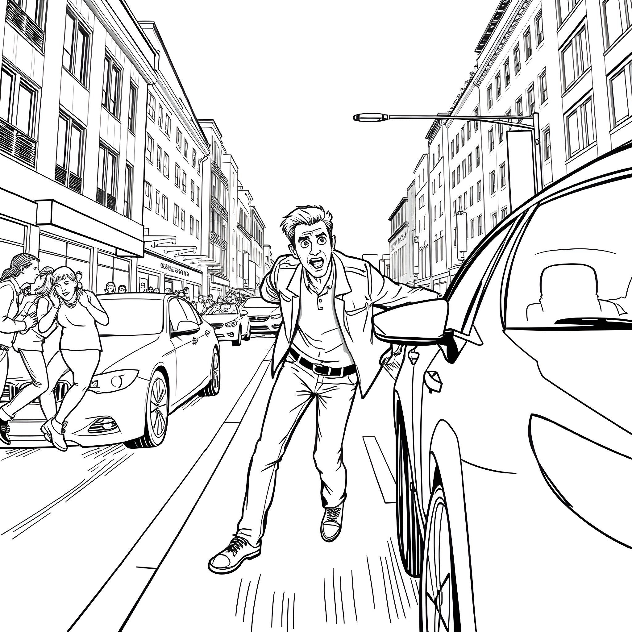 Guy walking hurriedly through busy city street Coloring Page (free black-and-white line drawing printable PDF for all, from beginners to advanced learners, including children, teens, adults, and seniors)