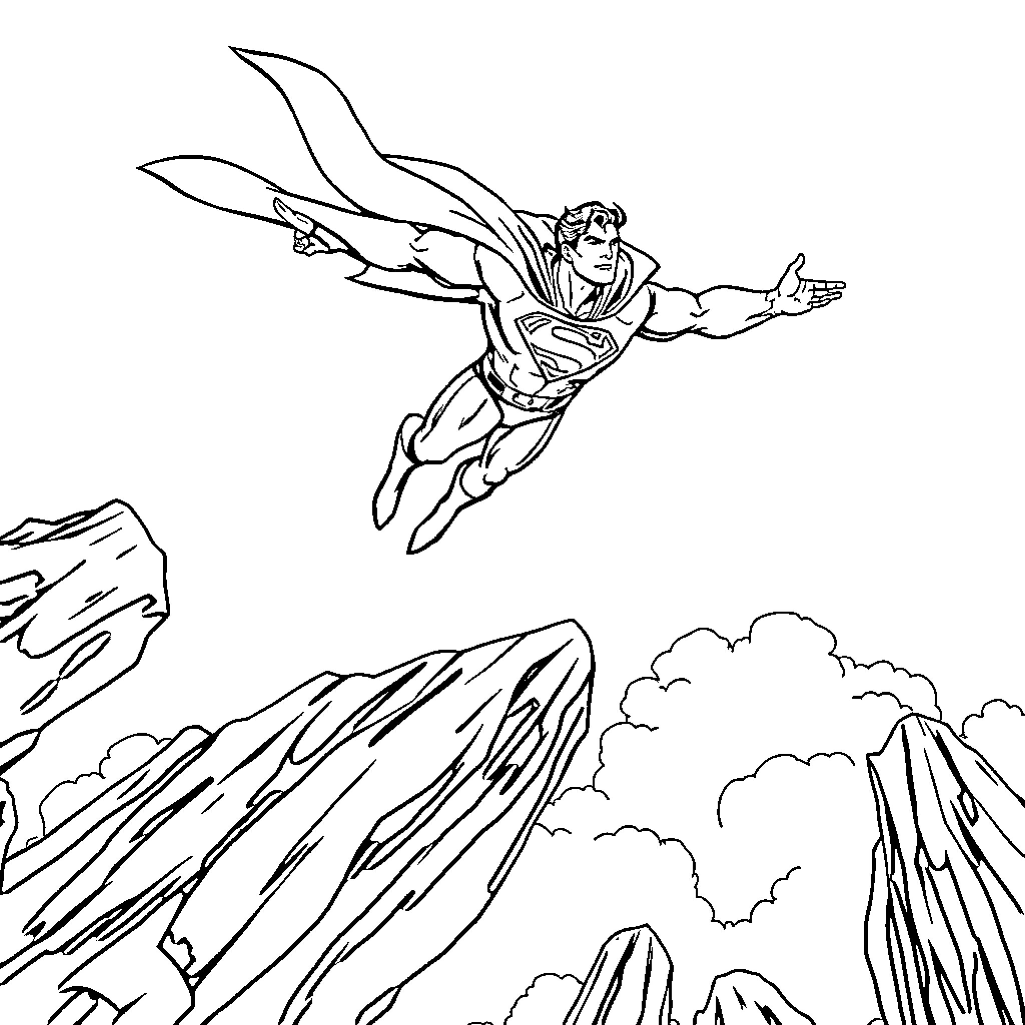Superman soaring through the sky over mountains Coloring Page (free black-and-white line drawing printable PDF for all, from beginners to advanced learners, including children, teens, adults, and seniors)