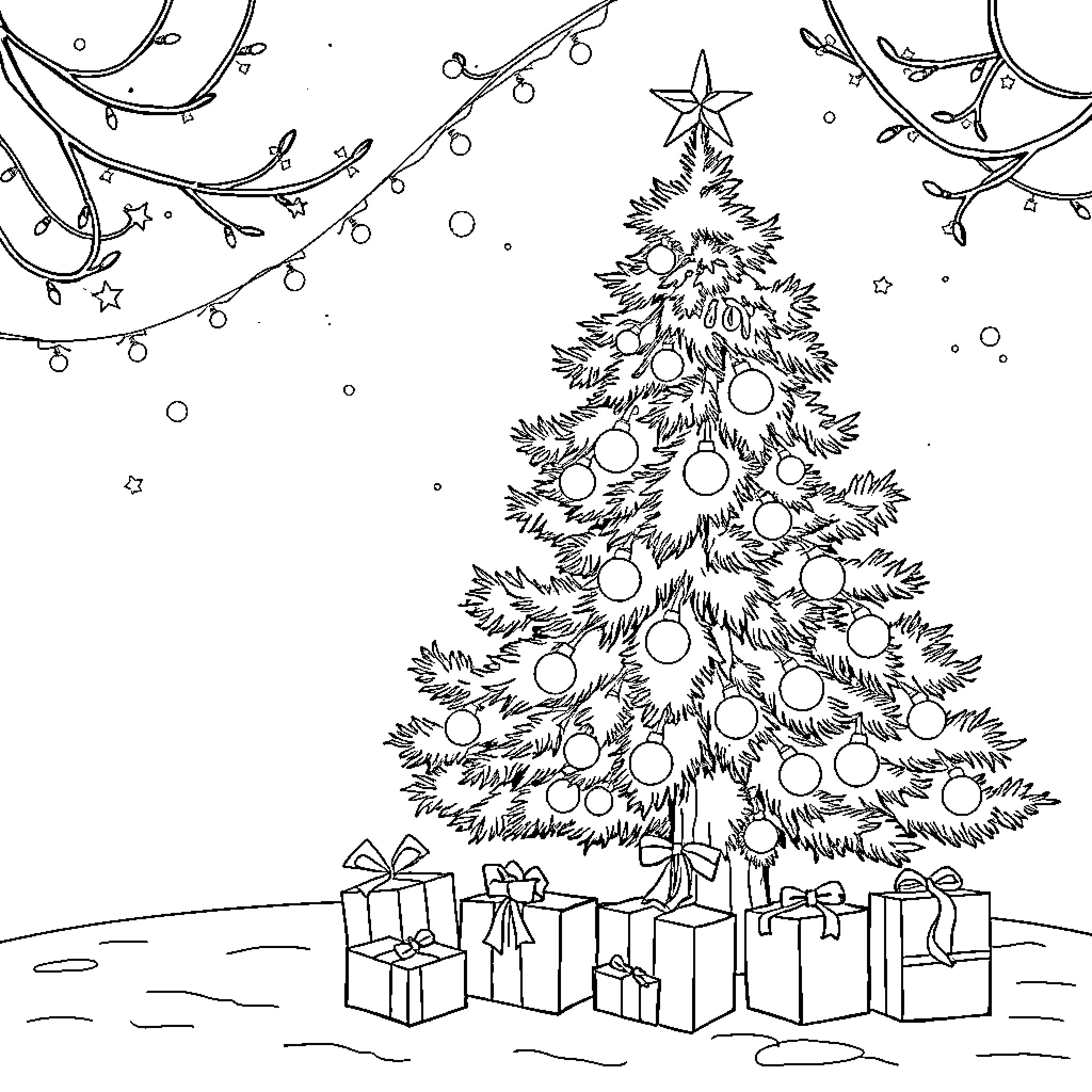Christmas tree with ornaments and presents Coloring Page (free black-and-white line drawing printable PDF for all, from beginners to advanced learners, including children, teens, adults, and seniors)