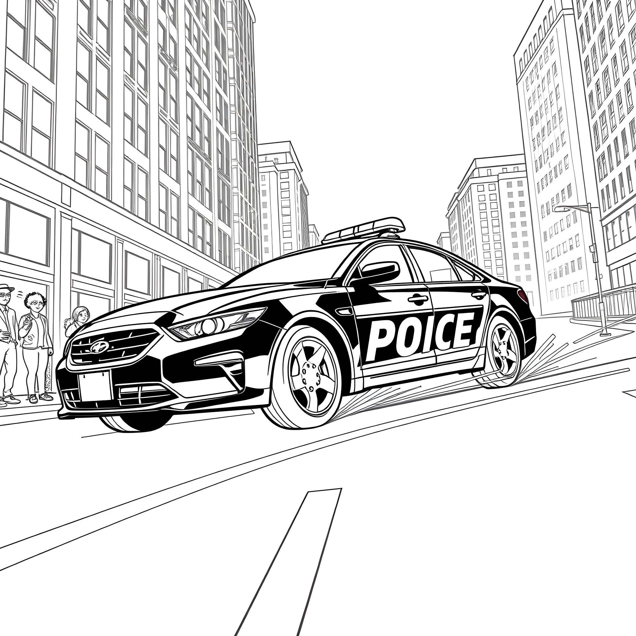 Police Car Responding to Emergency in Urban City Coloring Page (free black-and-white line drawing printable PDF for all, from beginners to advanced learners, including children, teens, adults, and seniors)