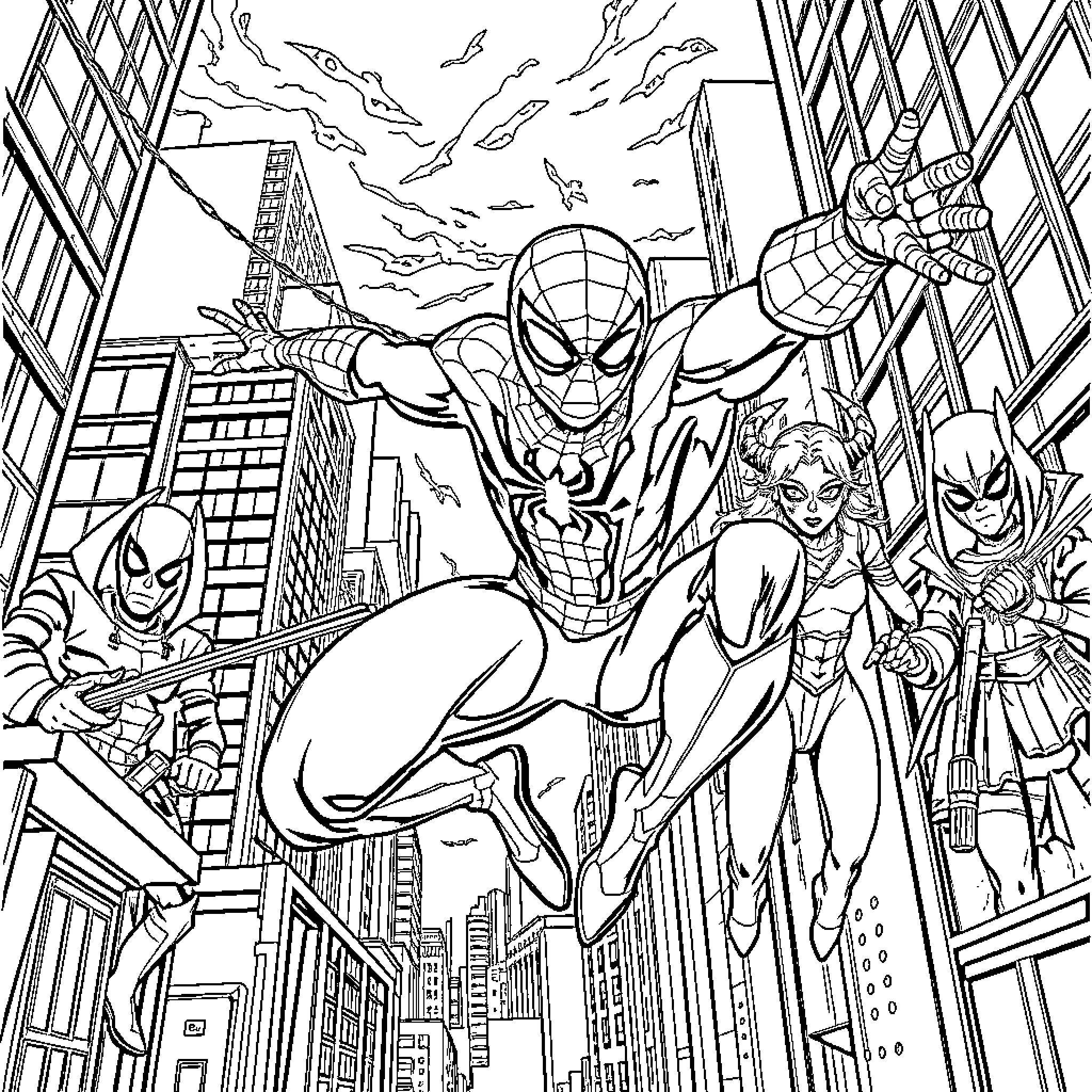 Demon Hunter Spiderman Swinging Through the City Coloring Page (free black-and-white line drawing printable PDF for all, from beginners to advanced learners, including children, teens, adults, and seniors)