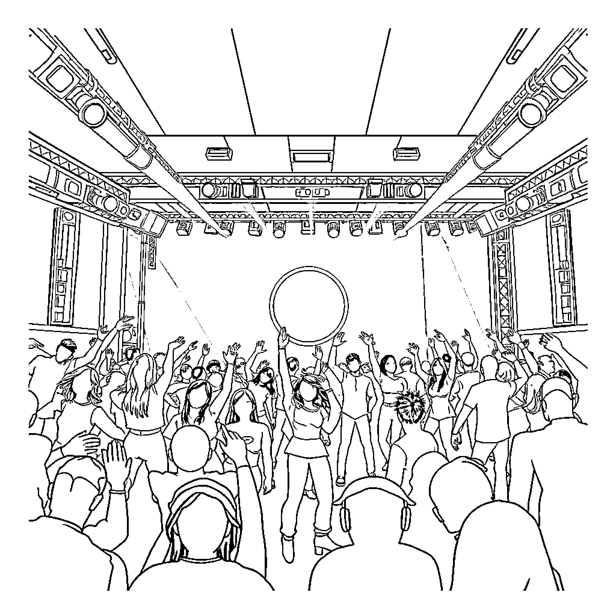 Kpop Performers Entertaining Enthusiastic Crowd on Stage Coloring Page (free black-and-white line drawing printable PDF for all, from beginners to advanced learners, including children, teens, adults, and seniors)