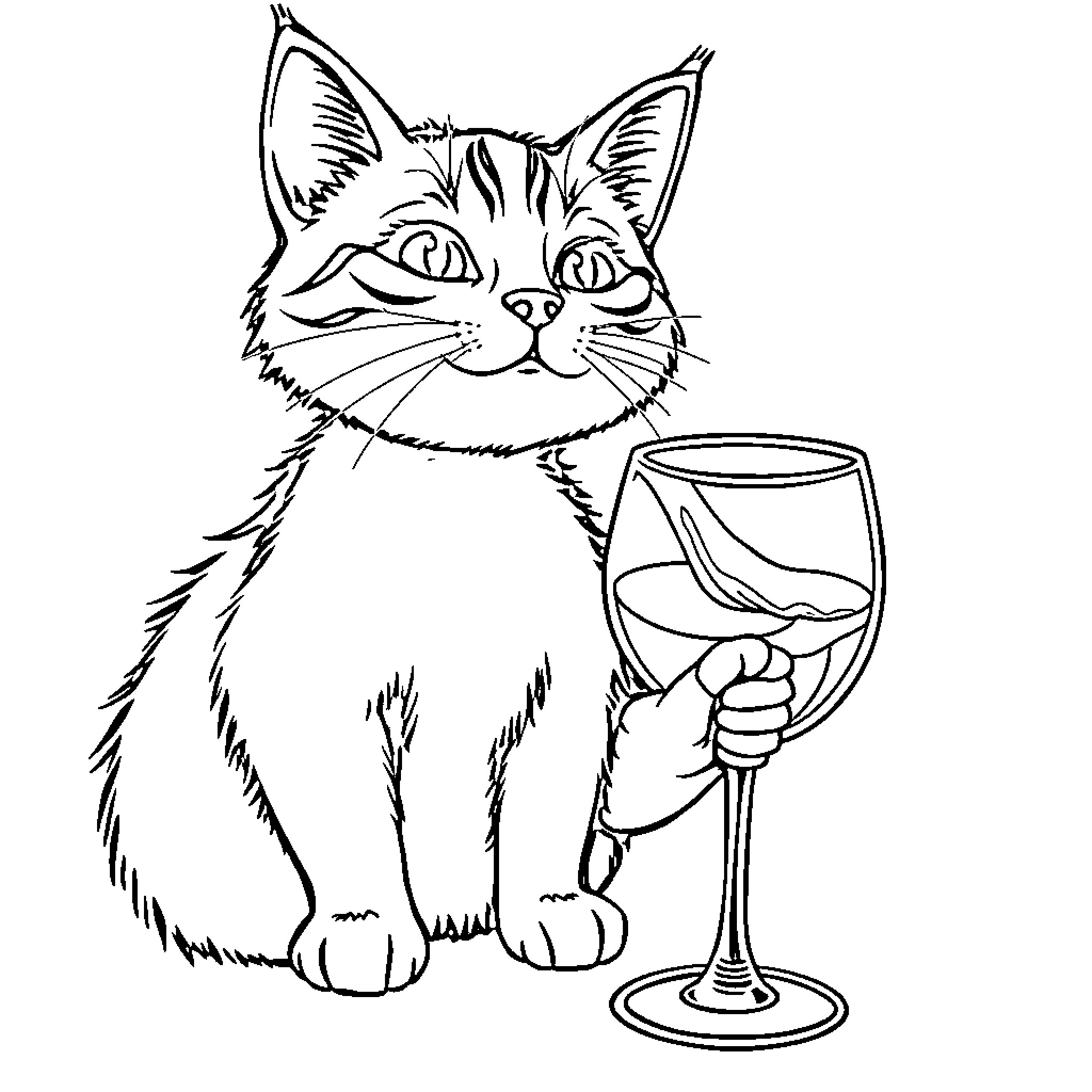 Cat relaxing with a glass of wine Coloring Page (free black-and-white line drawing printable PDF for all, from beginners to advanced learners, including children, teens, adults, and seniors)