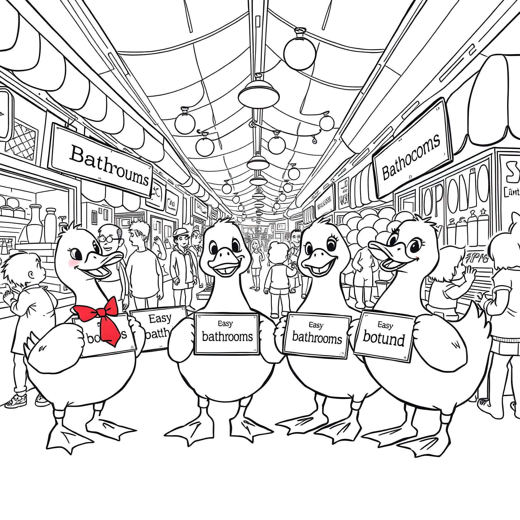 Duck characters promoting bathroom services in a crowded market Coloring Page (free black-and-white line drawing printable PDF for all, from beginners to advanced learners, including children, teens, adults, and seniors)