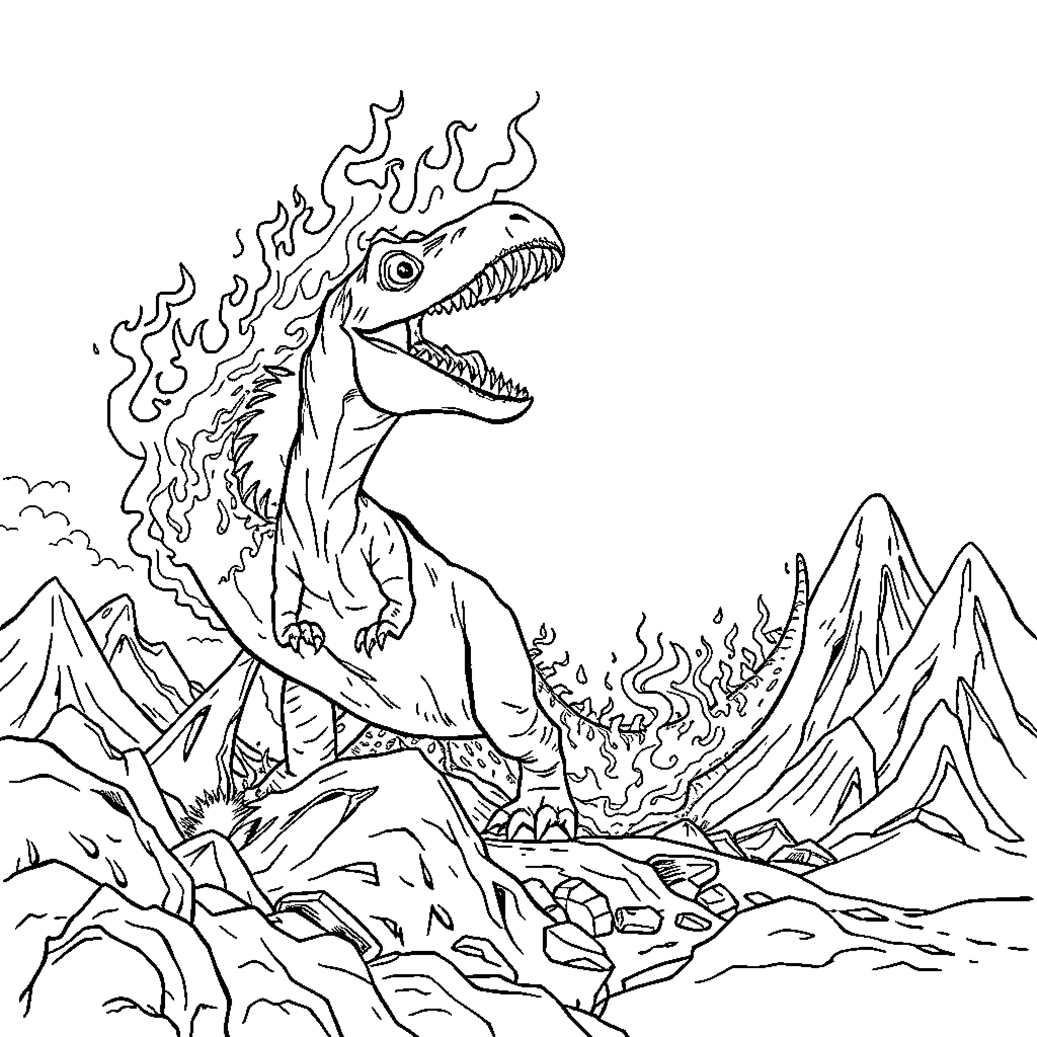 Dinosaur roaring in a fiery volcanic landscape Coloring Page (free black-and-white line drawing printable PDF for all, from beginners to advanced learners, including children, teens, adults, and seniors)