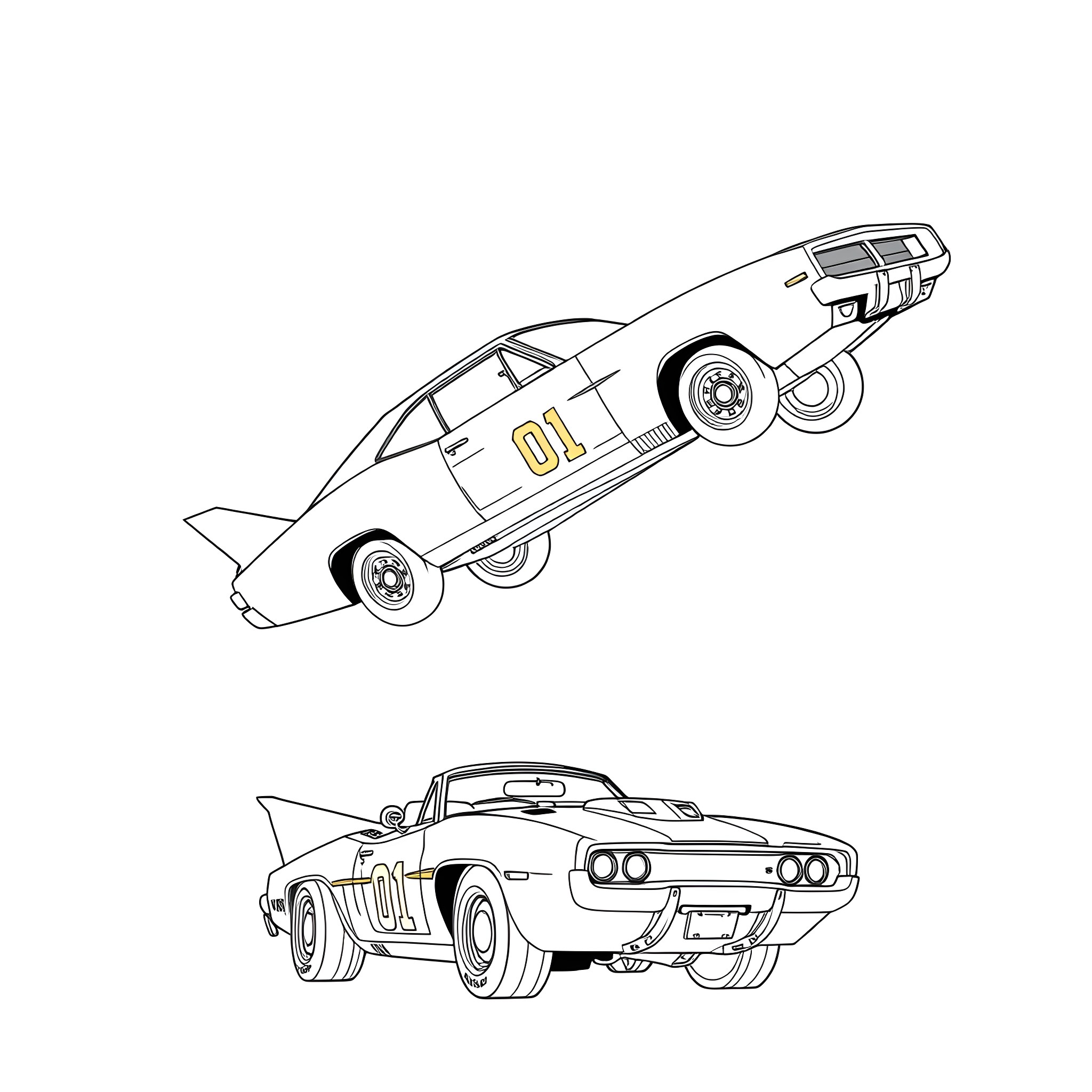 Car jump stunt over obstacles Coloring Page (free black-and-white line drawing printable PDF for all, from beginners to advanced learners, including children, teens, adults, and seniors)