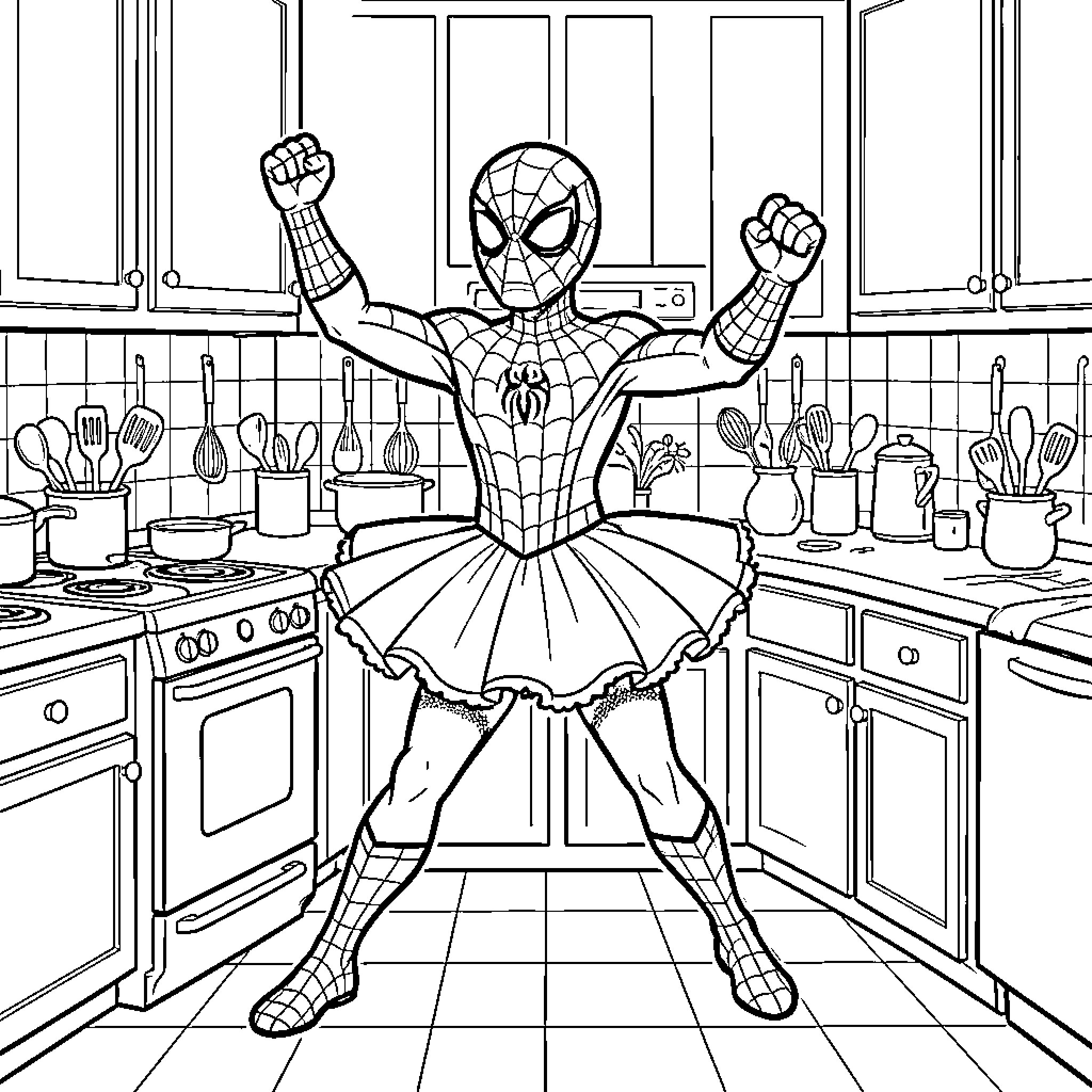 Spiderman dancing joyfully in a kitchen wearing a tutu Coloring Page (free black-and-white line drawing printable PDF for all, from beginners to advanced learners, including children, teens, adults, and seniors)