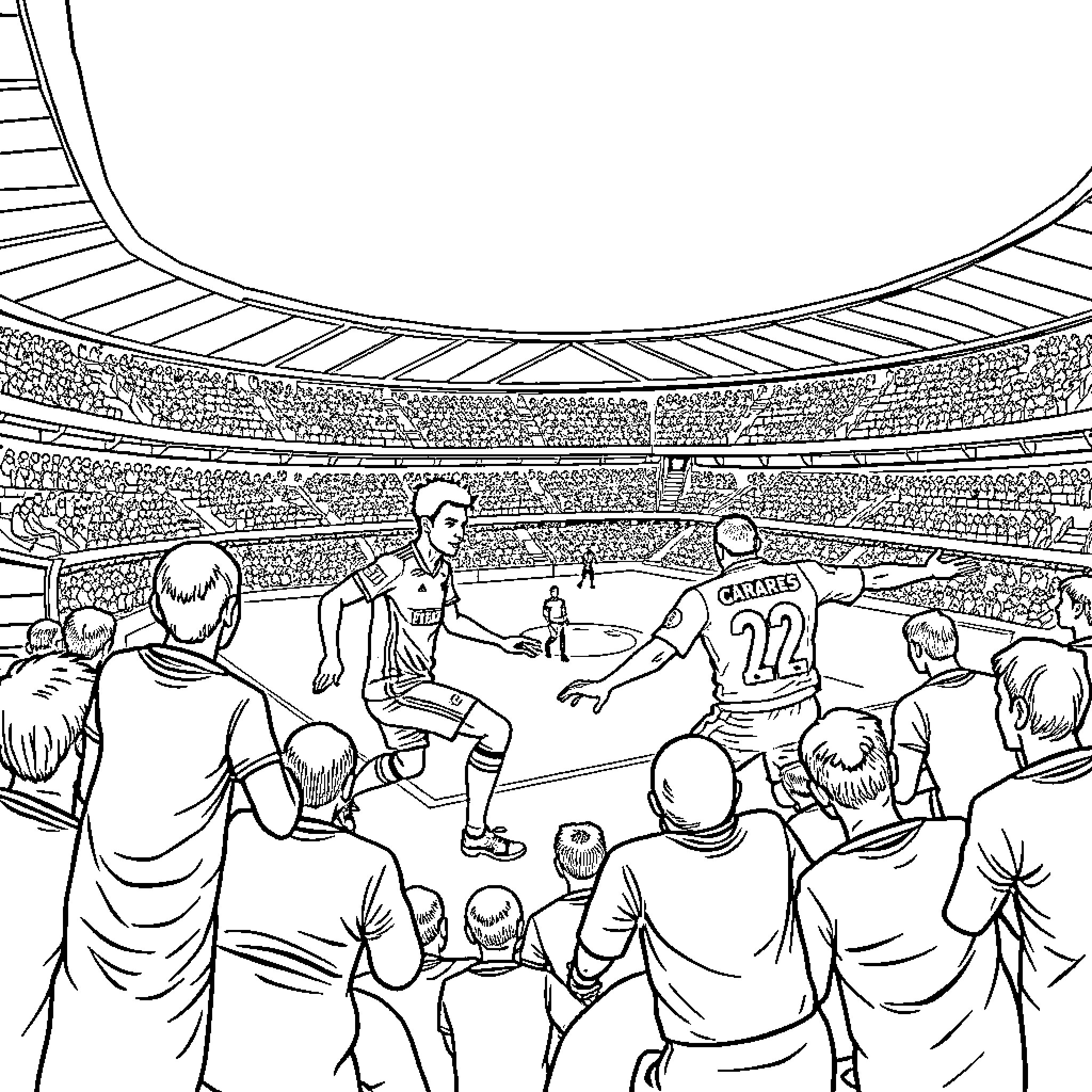 Football players in action on a crowded stadium Coloring Page (free black-and-white line drawing printable PDF for all, from beginners to advanced learners, including children, teens, adults, and seniors)