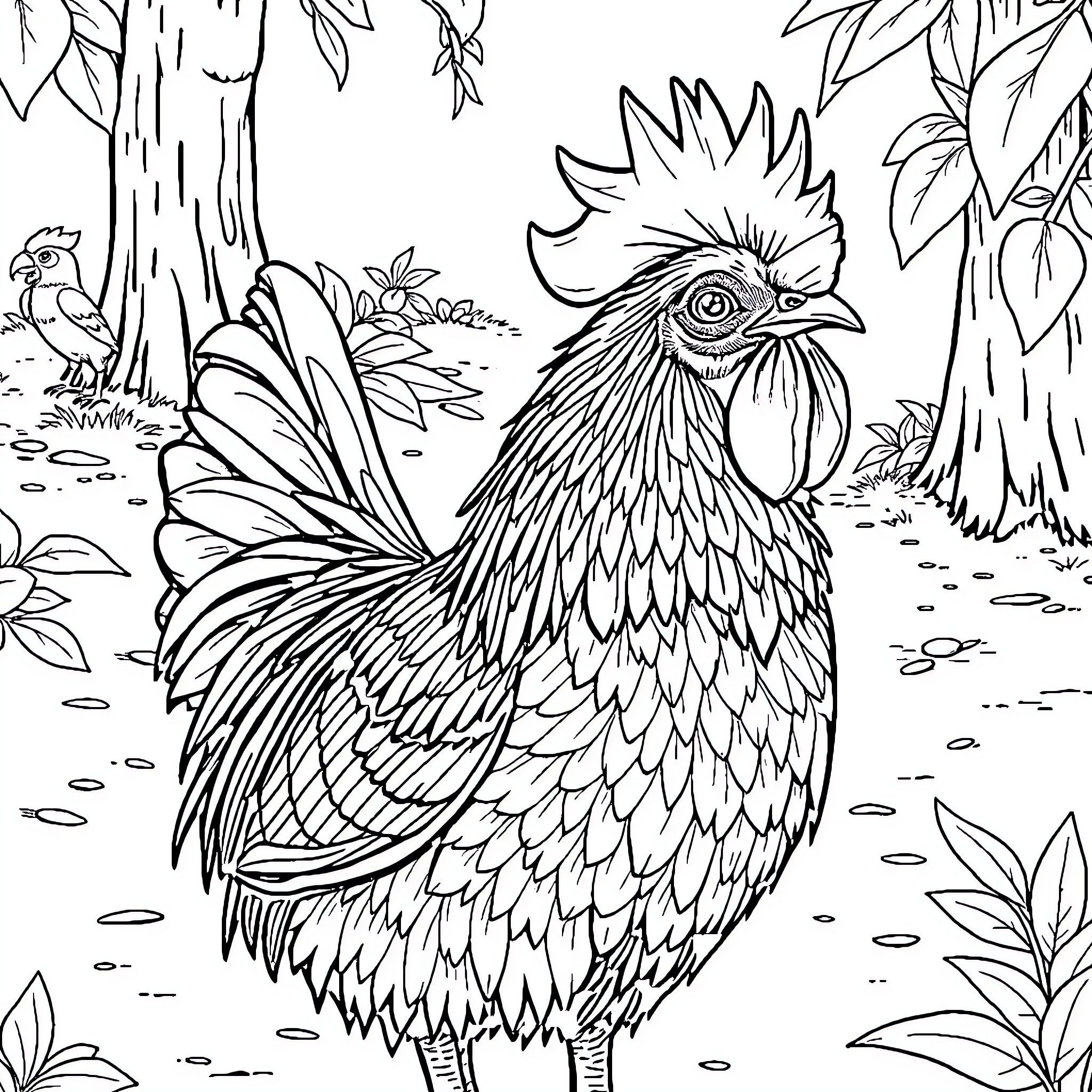 Hen strutting through the lush forest Coloring Page (free black-and-white line drawing printable PDF for all, from beginners to advanced learners, including children, teens, adults, and seniors)