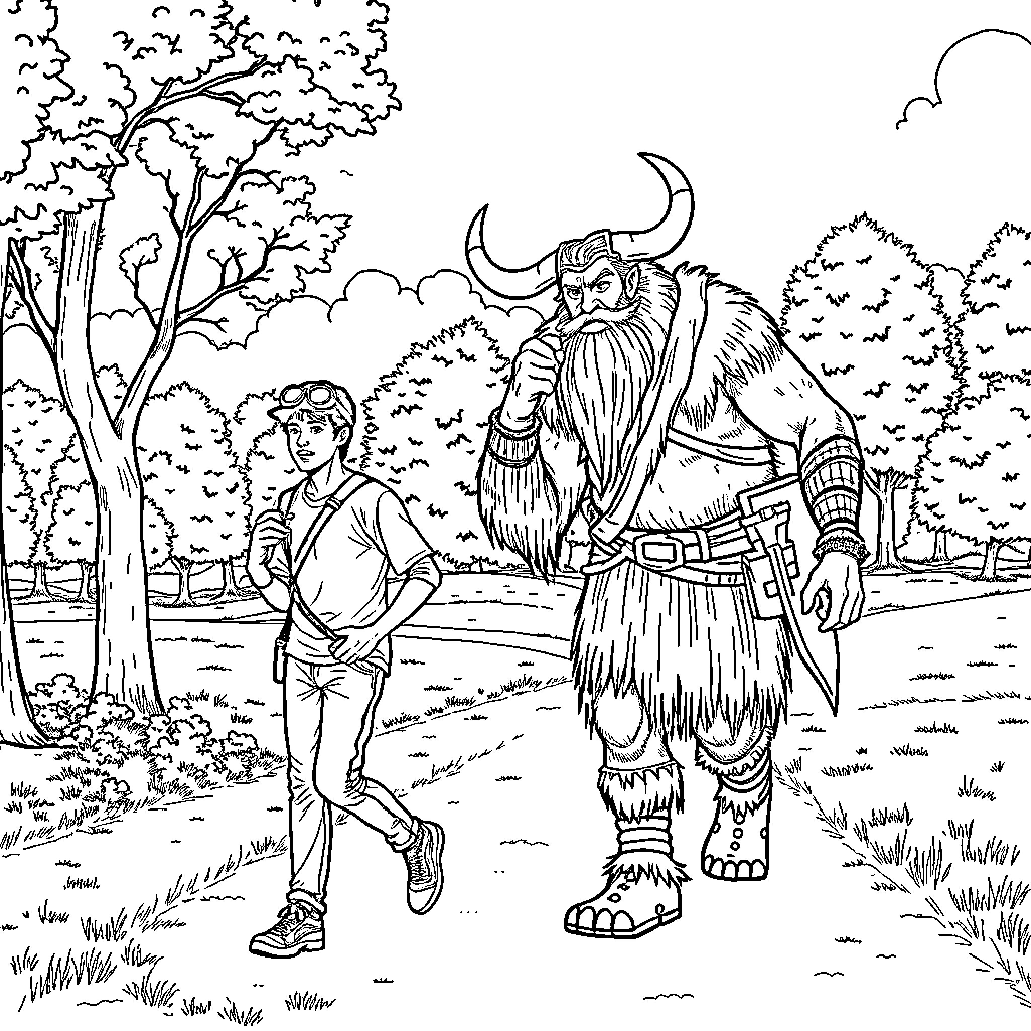 Man encountering a mysterious creature in the wild Coloring Page (free black-and-white line drawing printable PDF for all, from beginners to advanced learners, including children, teens, adults, and seniors)