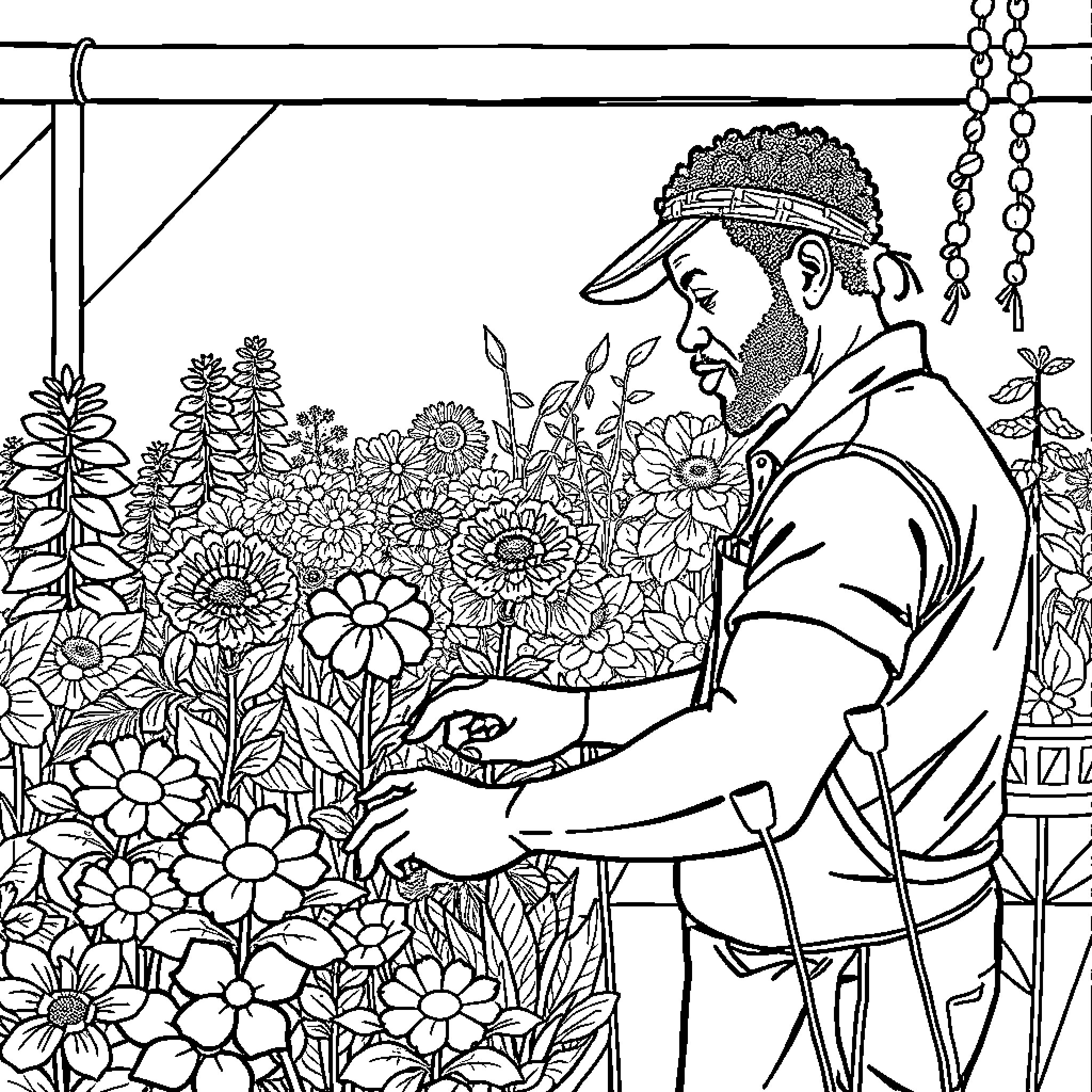 Man tending to a vibrant garden of flowers Coloring Page (free black-and-white line drawing printable PDF for all, from beginners to advanced learners, including children, teens, adults, and seniors)