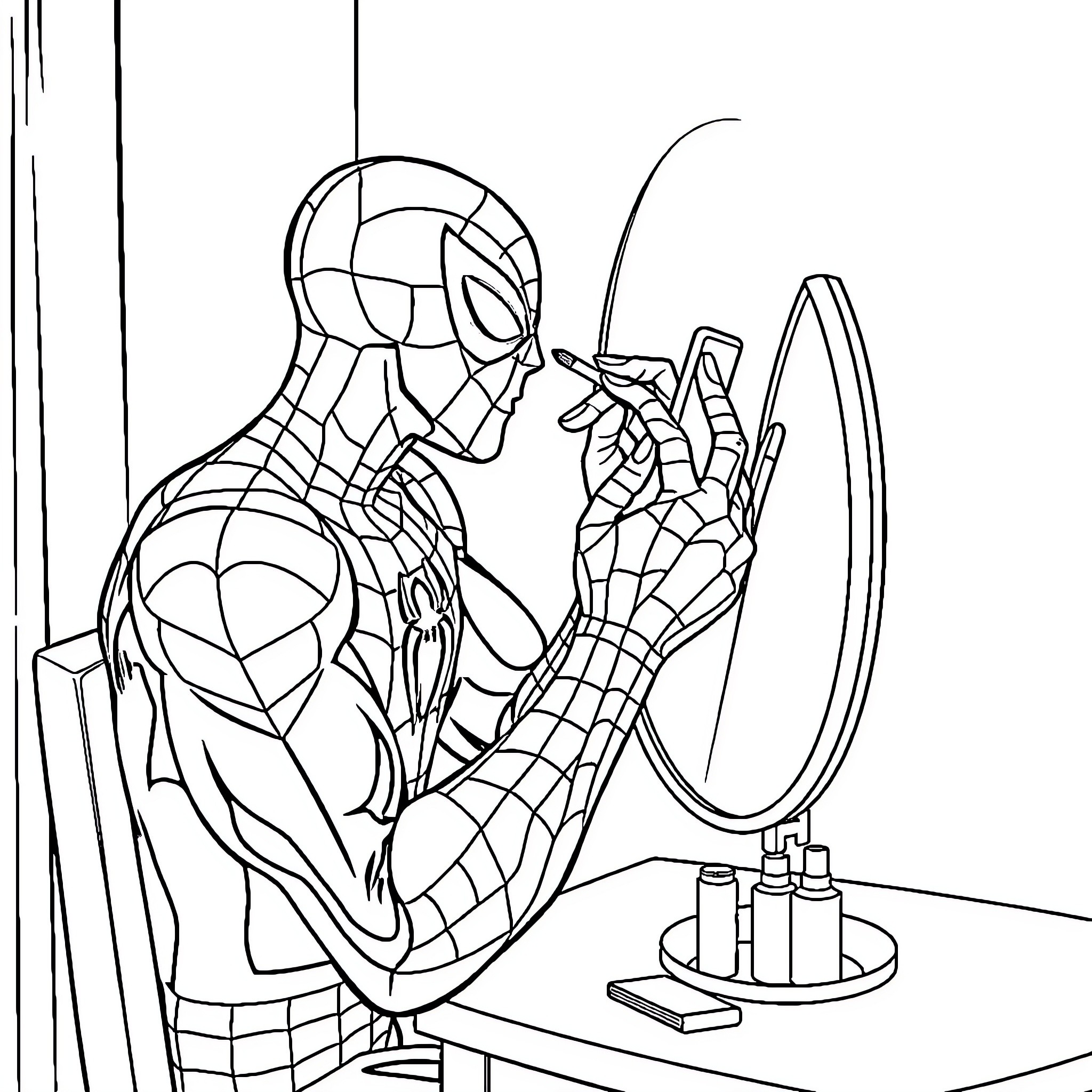 Spider-Man adjusting his suit in the mirror Coloring Page (free black-and-white line drawing printable PDF for all, from beginners to advanced learners, including children, teens, adults, and seniors)