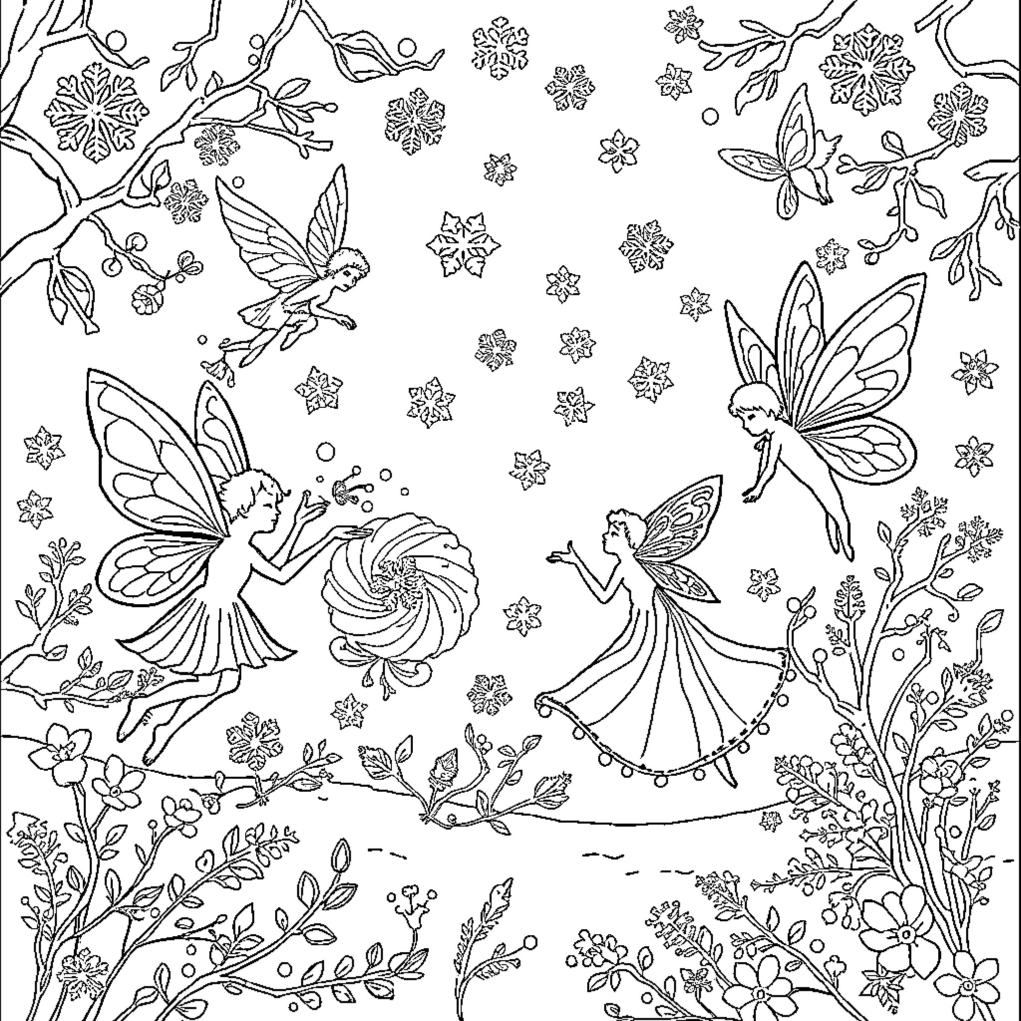 Fairy Dancers Amid Magical Floral Scenery Coloring Page (free black-and-white line drawing printable PDF for all, from beginners to advanced learners, including children, teens, adults, and seniors)