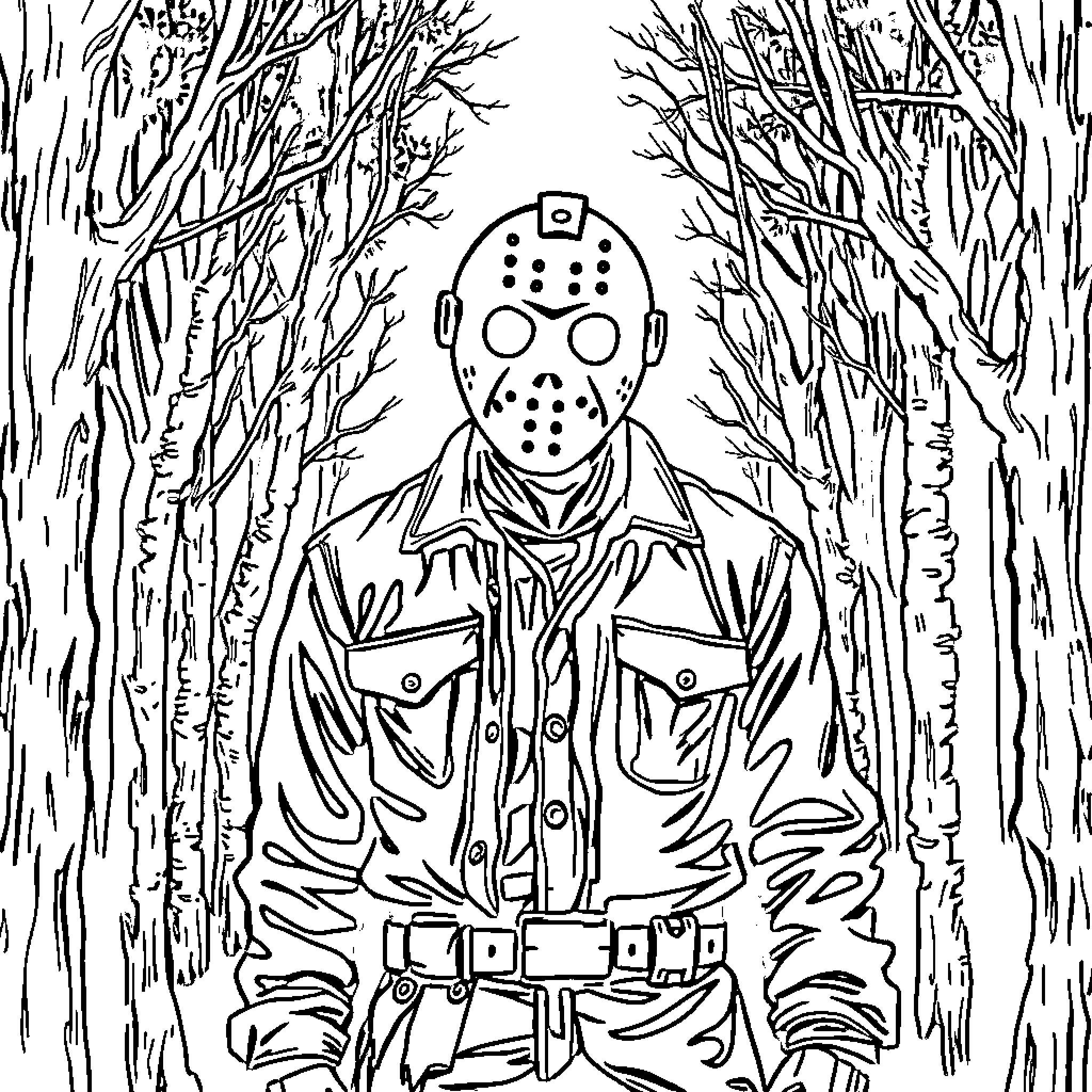Jason Voorhees stalking through the creepy woods Coloring Page (free black-and-white line drawing printable PDF for all, from beginners to advanced learners, including children, teens, adults, and seniors)