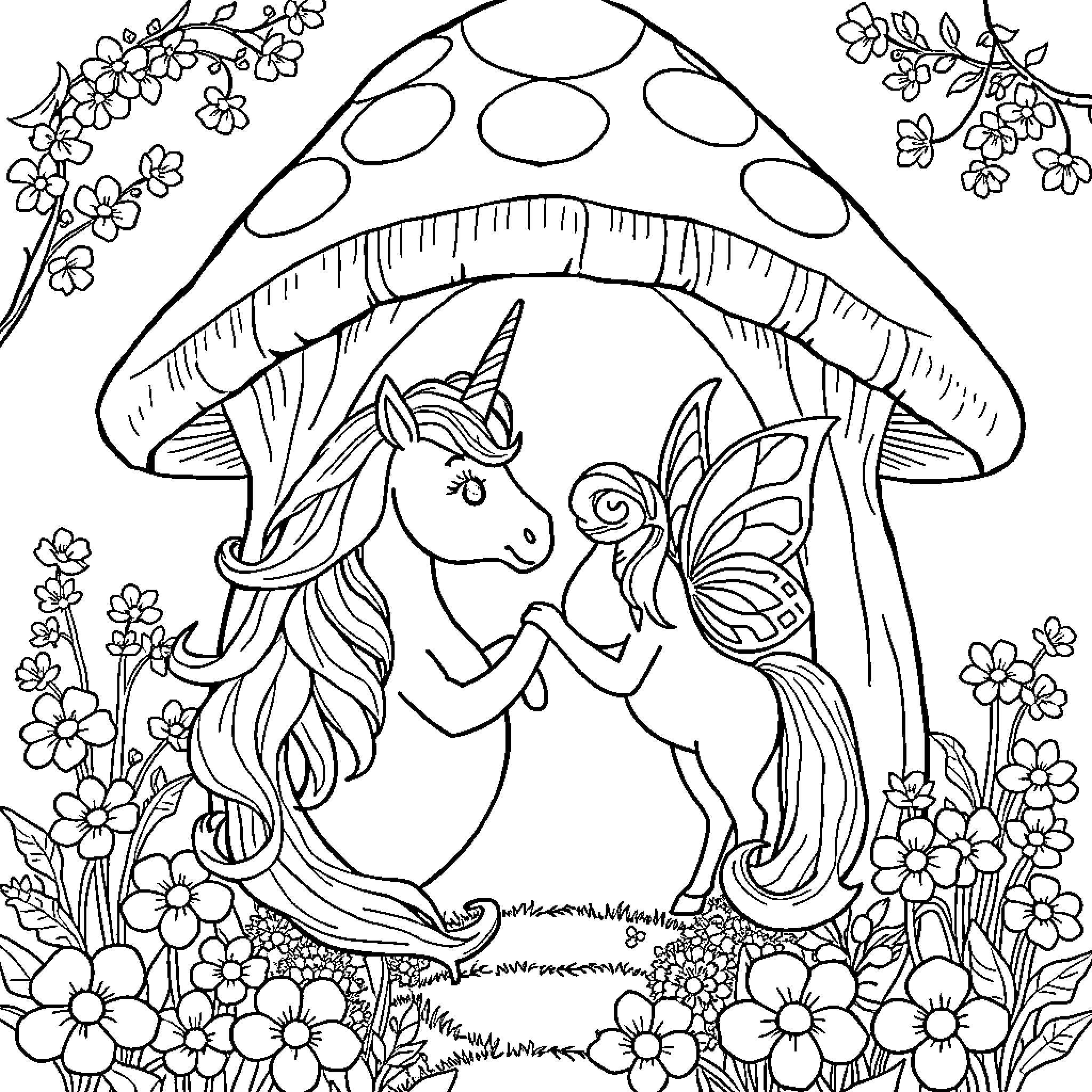Unicorn and fairy dancing under the mushroom umbrella Coloring Page (free black-and-white line drawing printable PDF for all, from beginners to advanced learners, including children, teens, adults, and seniors)