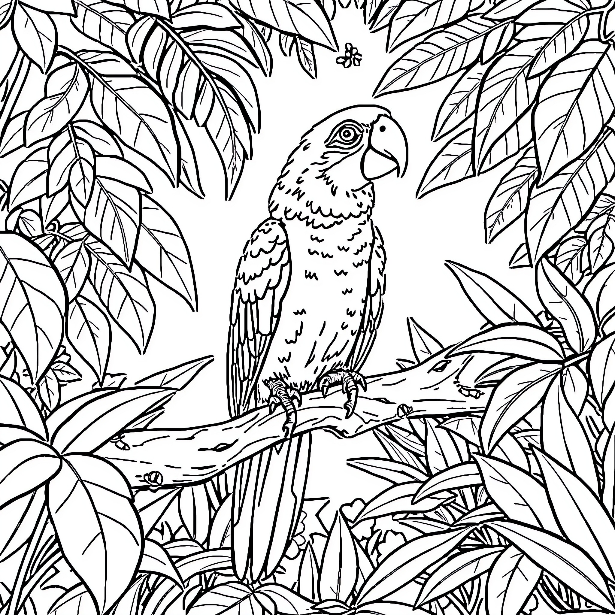 Kakado: Tropical Bird Perched Amidst Lush Foliage Coloring Page (free black-and-white line drawing printable PDF for all, from beginners to advanced learners, including children, teens, adults, and seniors)