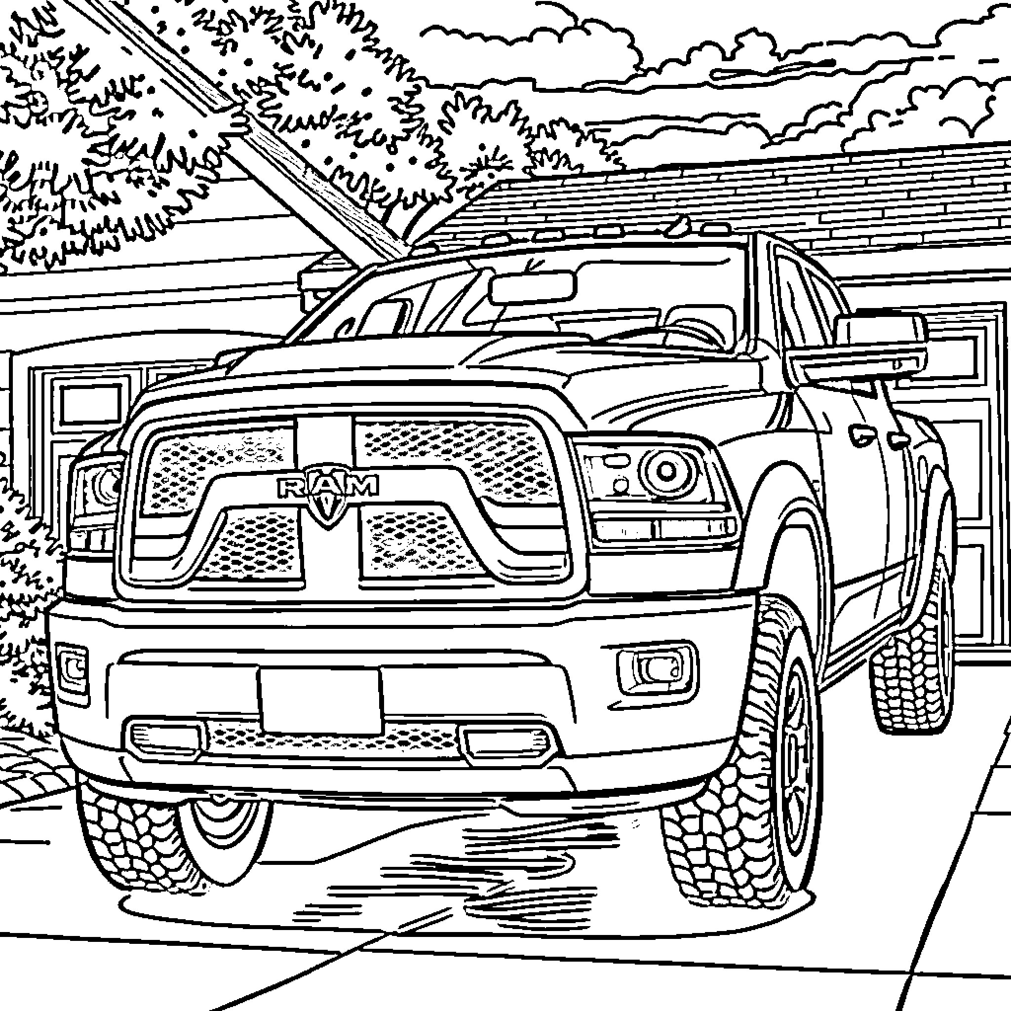 Ram Truck in outdoor adventure scene Coloring Page (free black-and-white line drawing printable PDF for all, from beginners to advanced learners, including children, teens, adults, and seniors)