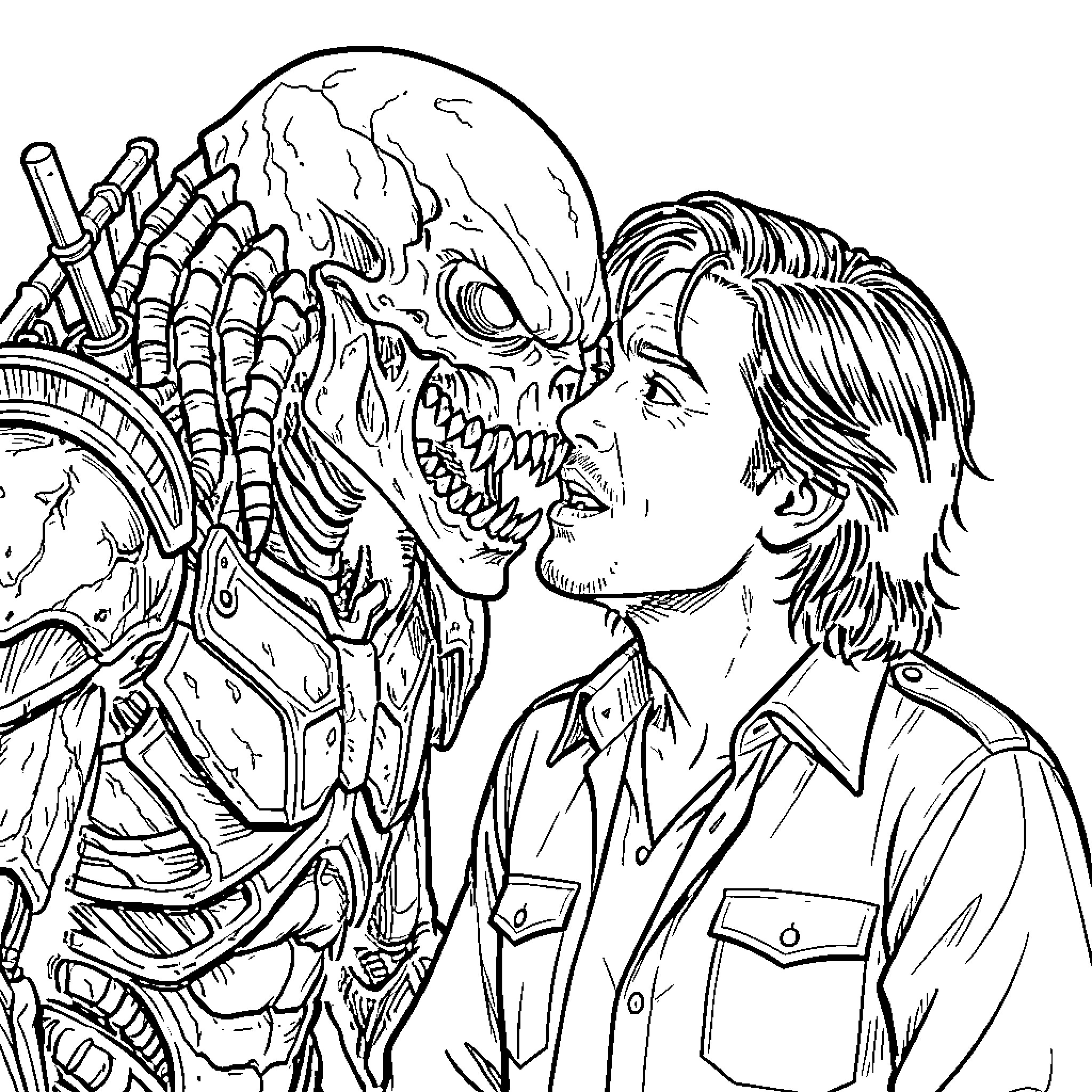 Depredador: Confrontation between human and alien Coloring Page (free black-and-white line drawing printable PDF for all, from beginners to advanced learners, including children, teens, adults, and seniors)