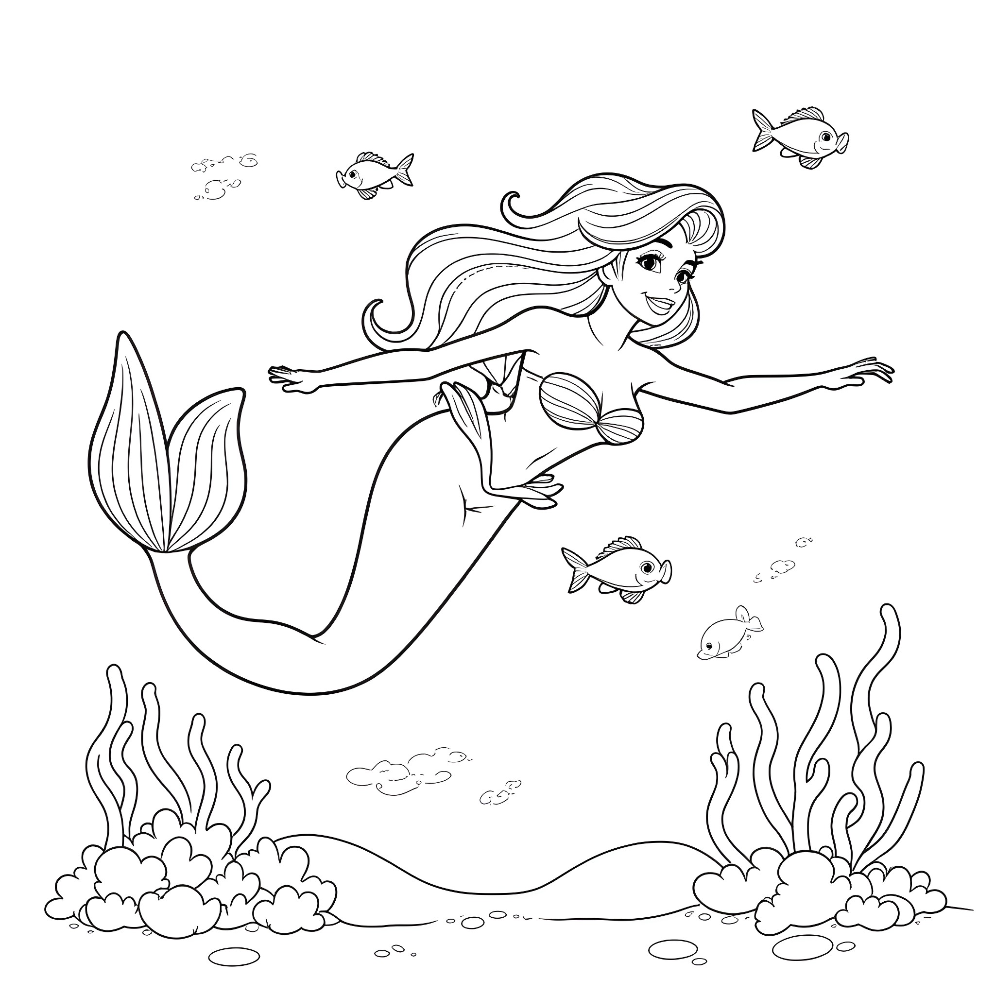 Ariel swimming gracefully in the underwater world Coloring Page (free black-and-white line drawing printable PDF for all, from beginners to advanced learners, including children, teens, adults, and seniors)