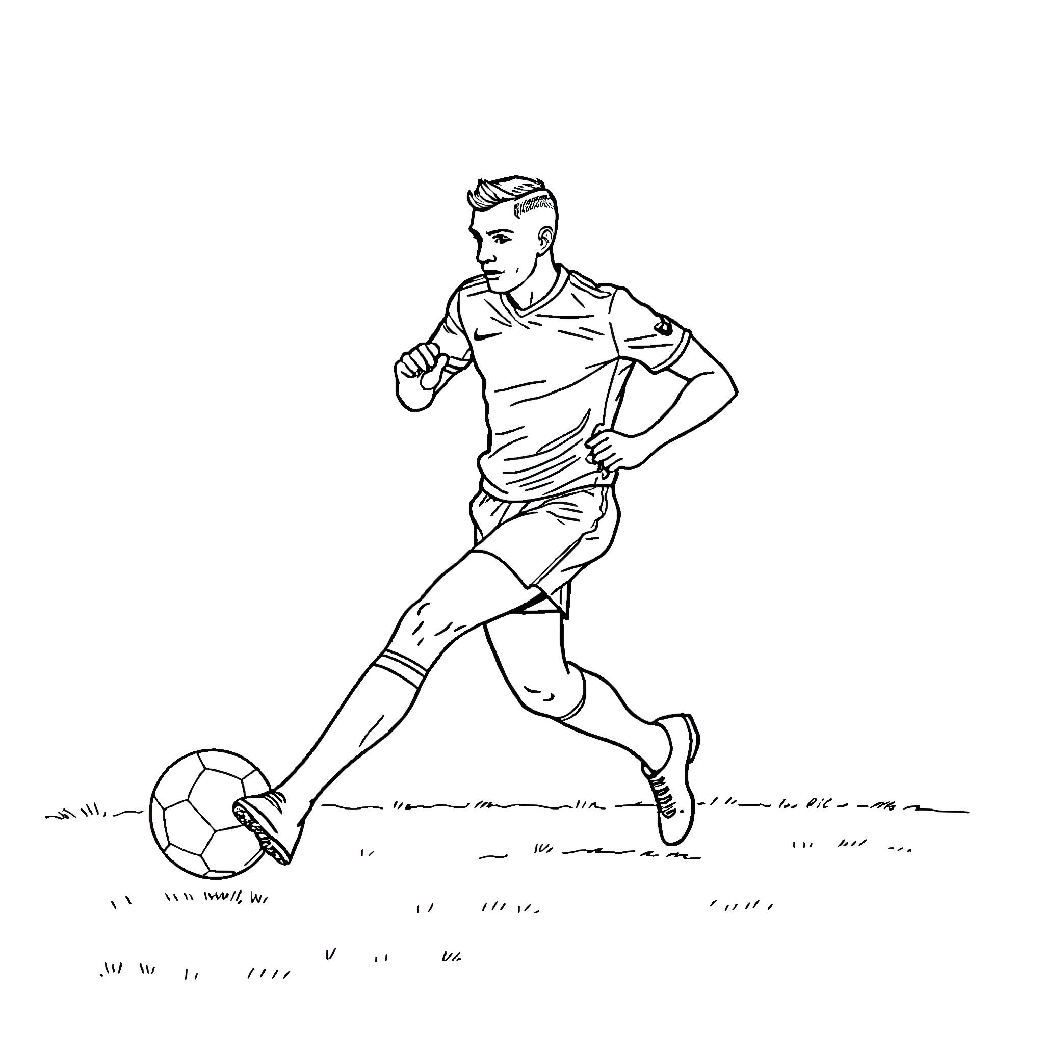 Footballer dribbling the ball on the field Coloring Page (free black-and-white line drawing printable PDF for all, from beginners to advanced learners, including children, teens, adults, and seniors)