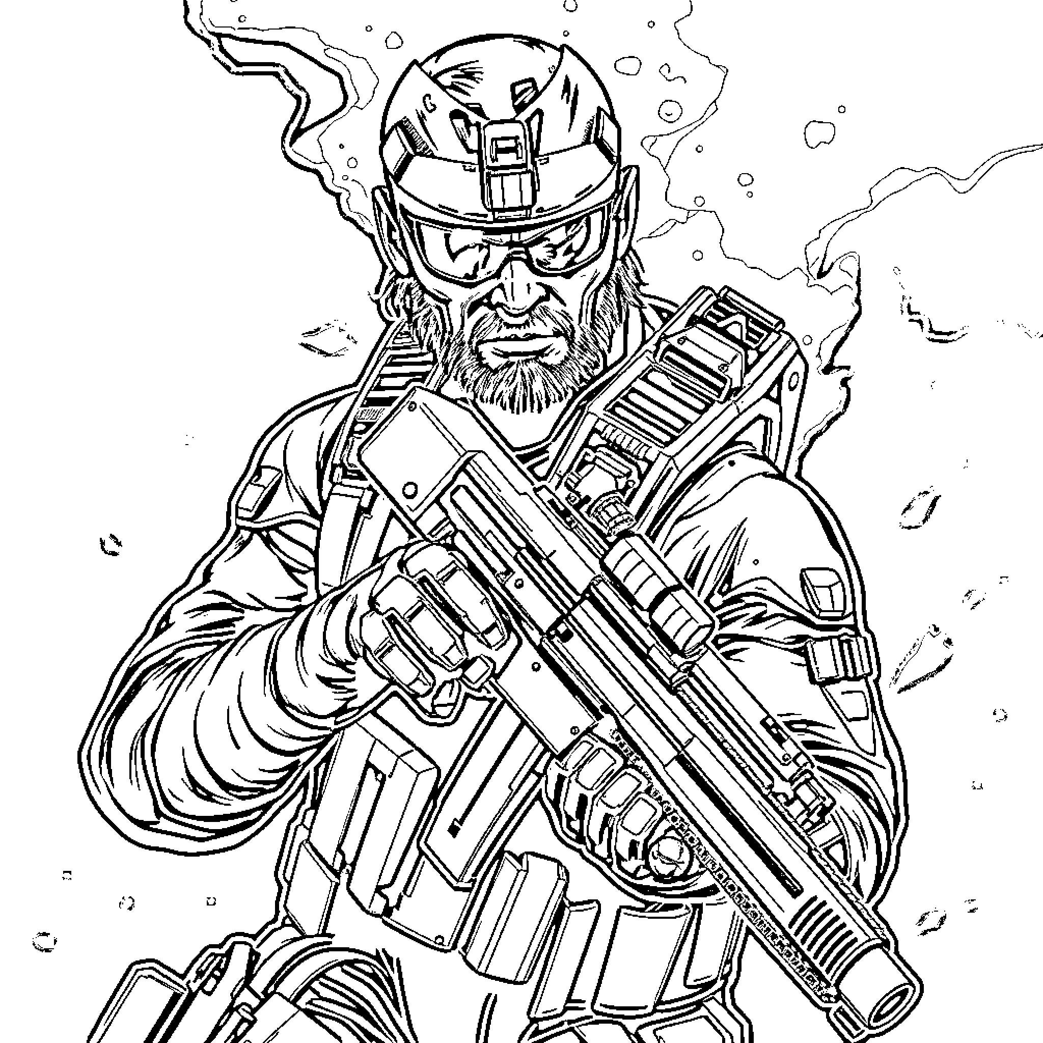 Metal Gear Solid: Heavily Armed Soldier in Combat Gear Coloring Page (free black-and-white line drawing printable PDF for all, from beginners to advanced learners, including children, teens, adults, and seniors)