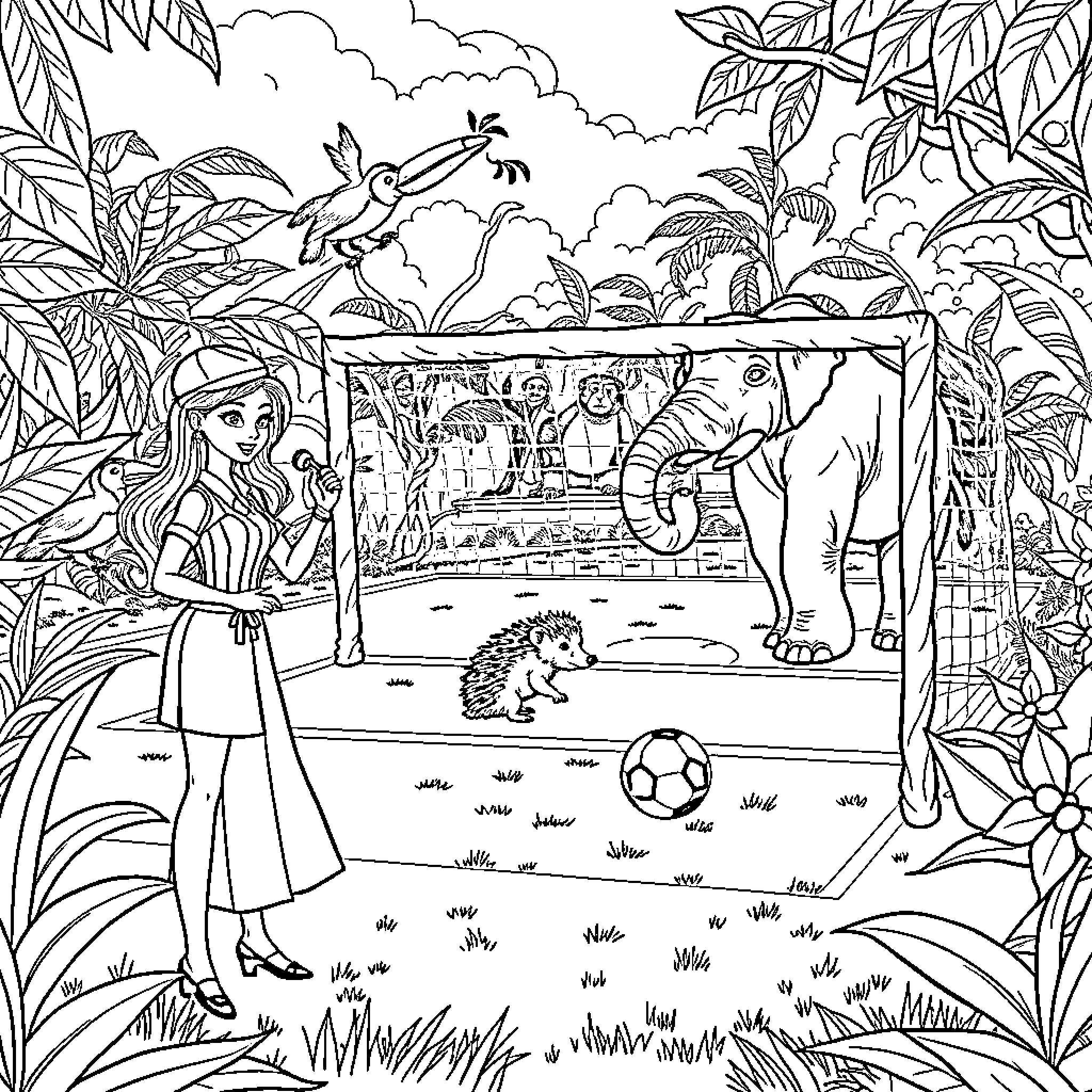 Soccer Game in the Tropical Jungle Coloring Page (free black-and-white line drawing printable PDF for all, from beginners to advanced learners, including children, teens, adults, and seniors)