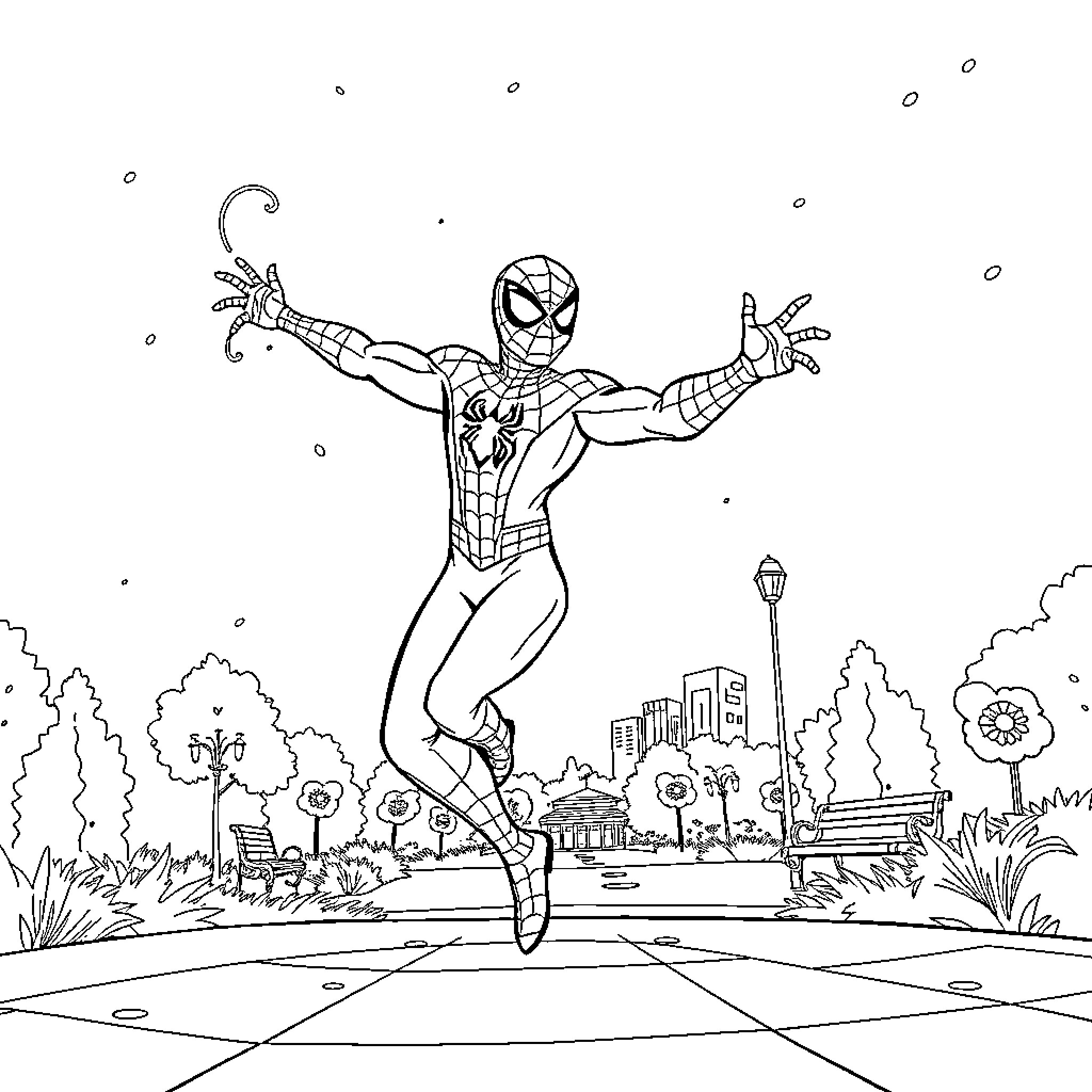 Spiderman swinging through the city skyline Coloring Page (free black-and-white line drawing printable PDF for all, from beginners to advanced learners, including children, teens, adults, and seniors)