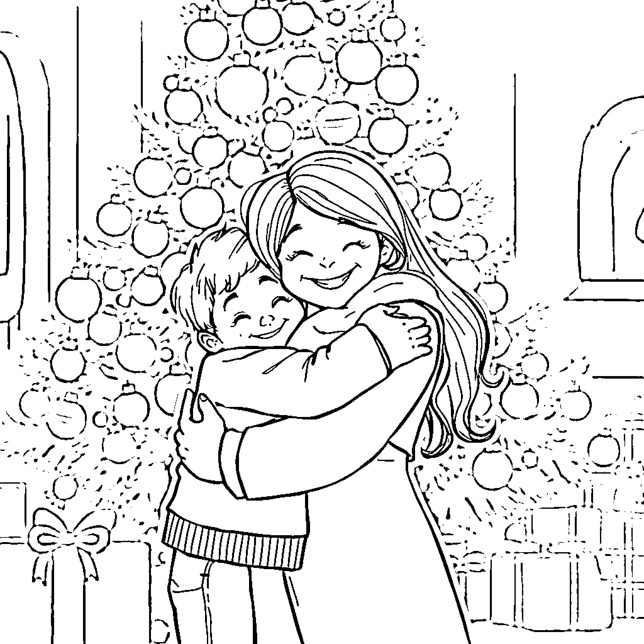 Family enjoying warm embrace in festive setting Coloring Page (free black-and-white line drawing printable PDF for all, from beginners to advanced learners, including children, teens, adults, and seniors)