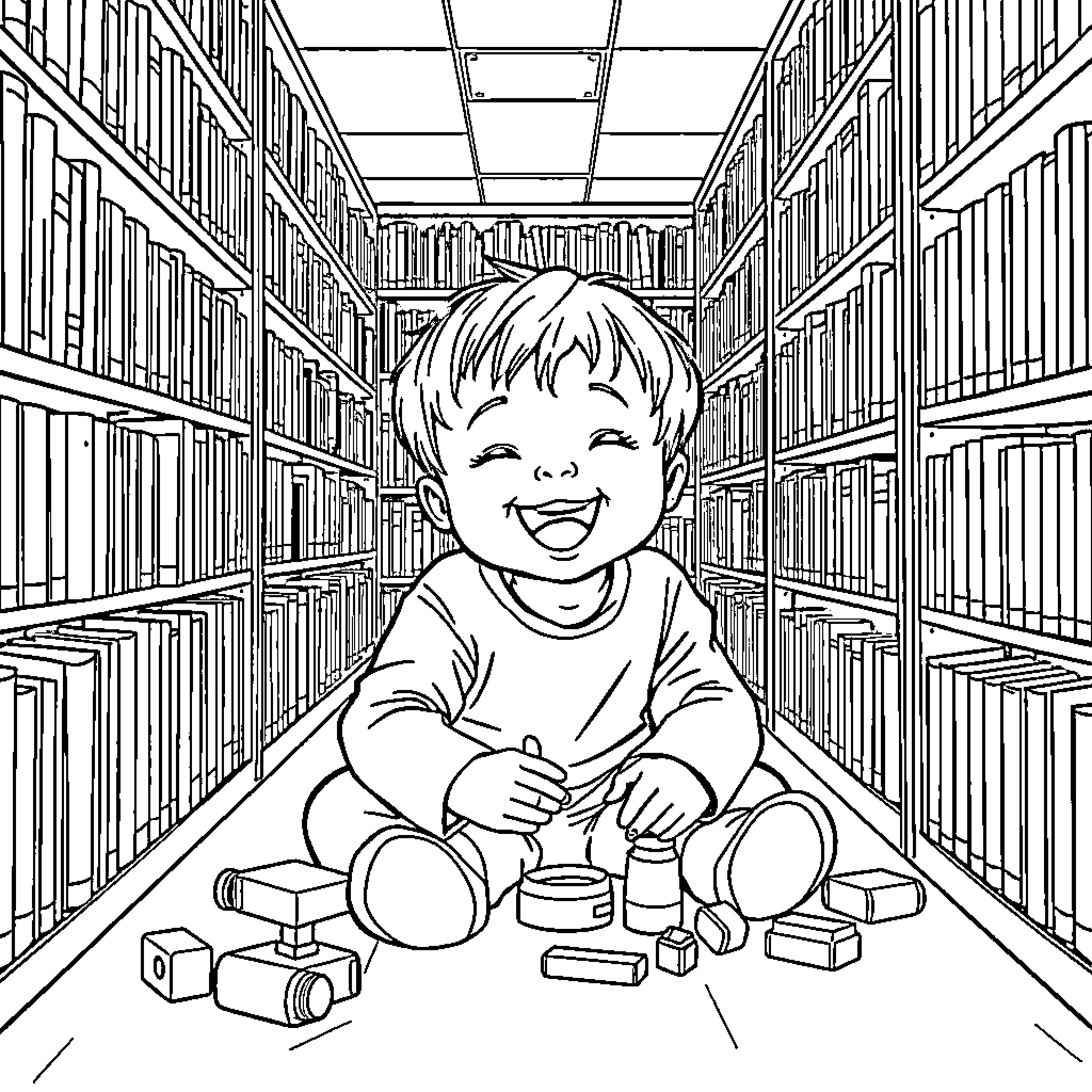 Toddler delightfully playing with toys in library Coloring Page (free black-and-white line drawing printable PDF for all, from beginners to advanced learners, including children, teens, adults, and seniors)