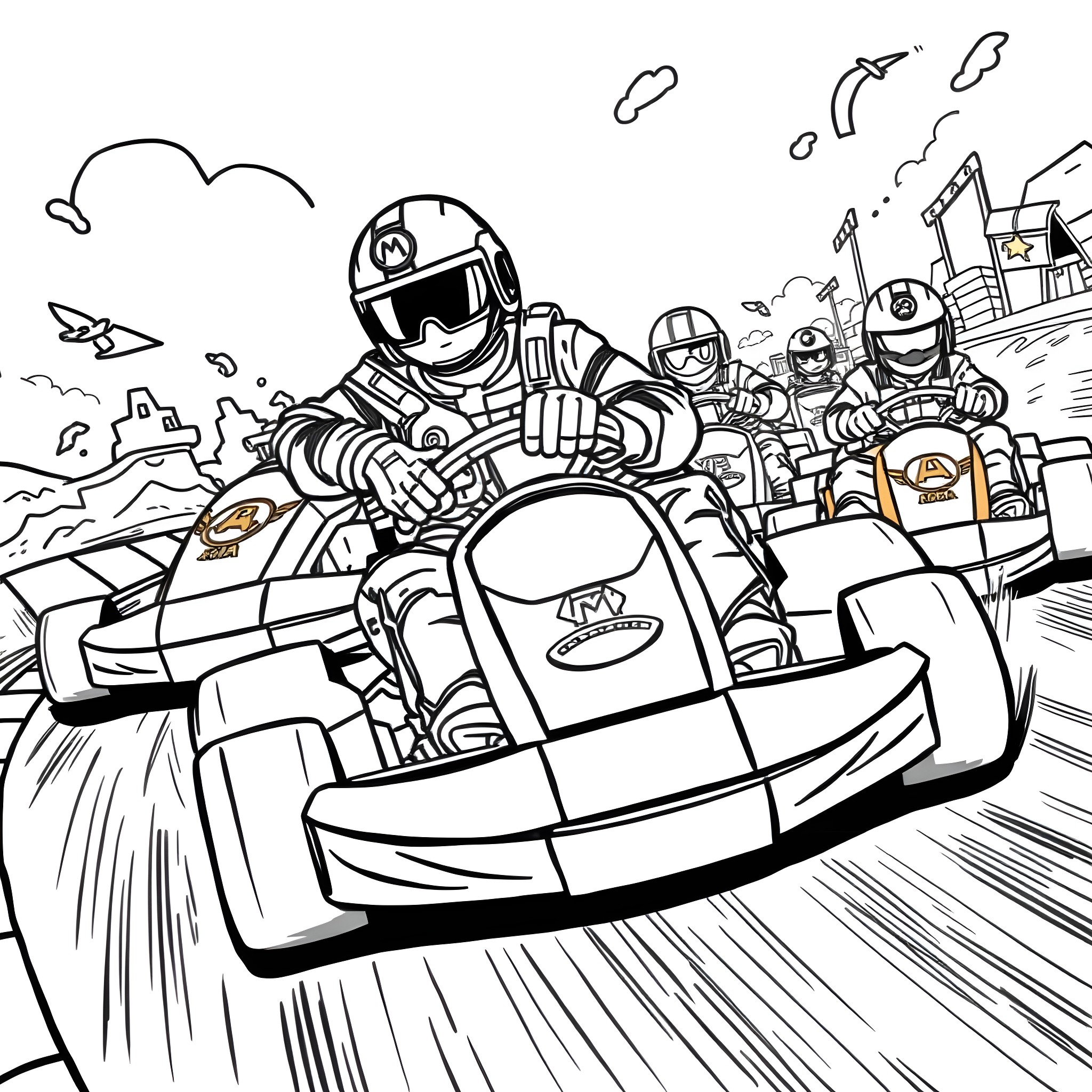 Mario Kart Racers Speeding on Iconic Track Coloring Page (free black-and-white line drawing printable PDF for all, from beginners to advanced learners, including children, teens, adults, and seniors)