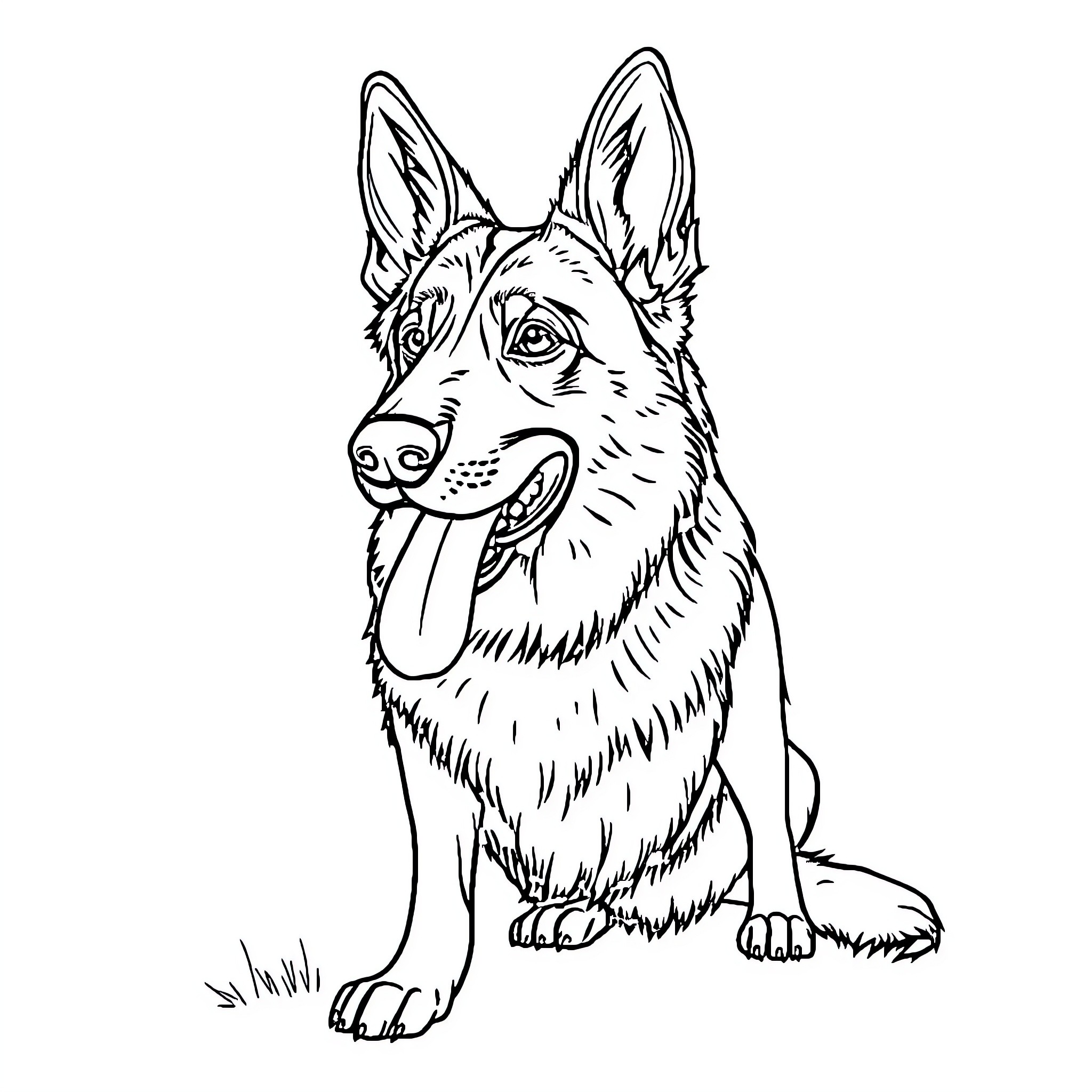German Shepherd puppy sitting happily Coloring Page (free black-and-white line drawing printable PDF for all, from beginners to advanced learners, including children, teens, adults, and seniors)