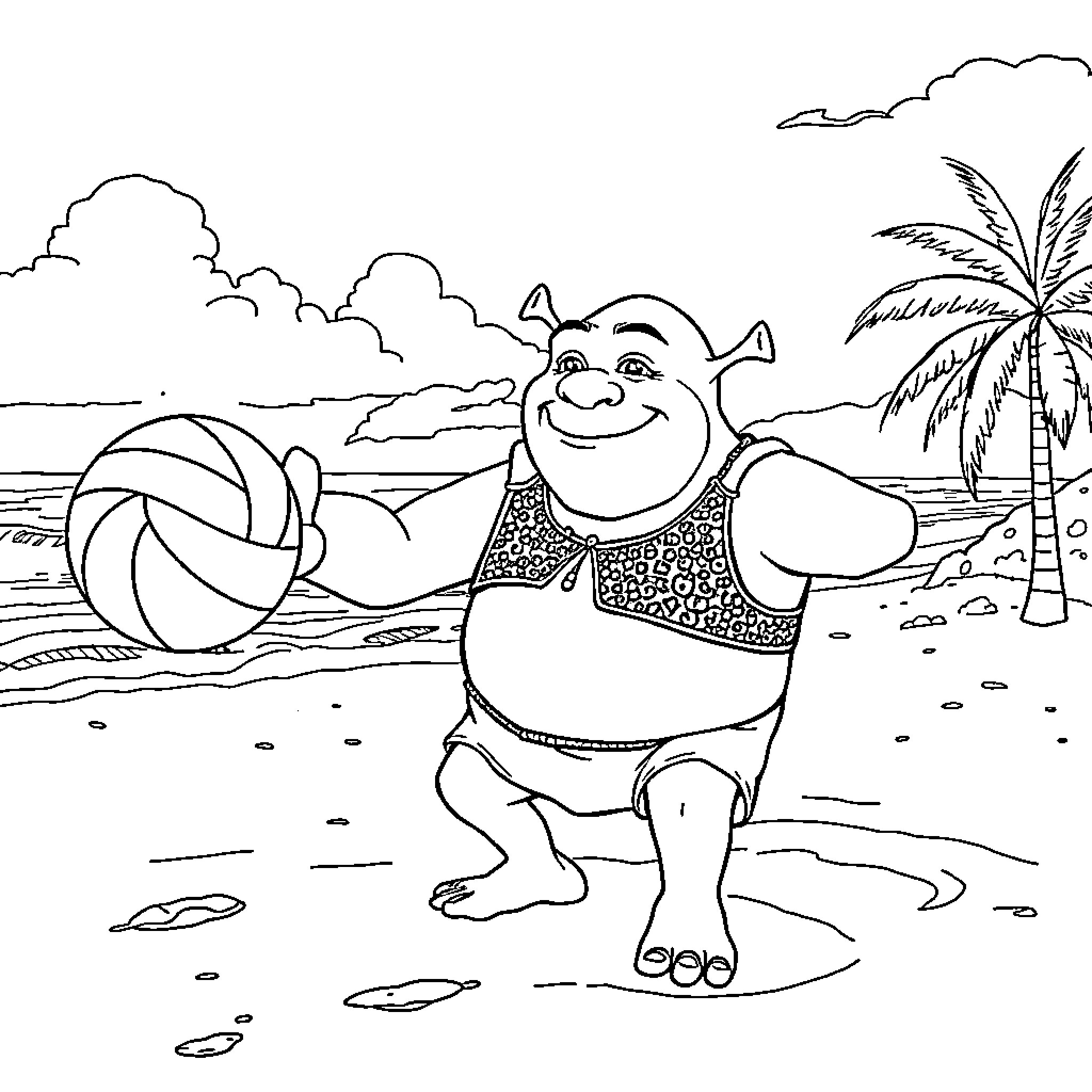 Shrek enjoying a day at the beach Coloring Page (free black-and-white line drawing printable PDF for all, from beginners to advanced learners, including children, teens, adults, and seniors)