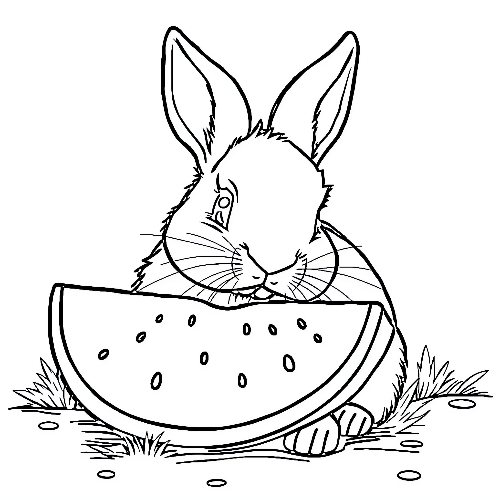 Rabbit enjoying a watermelon slice Coloring Page (free black-and-white line drawing printable PDF for all, from beginners to advanced learners, including children, teens, adults, and seniors)