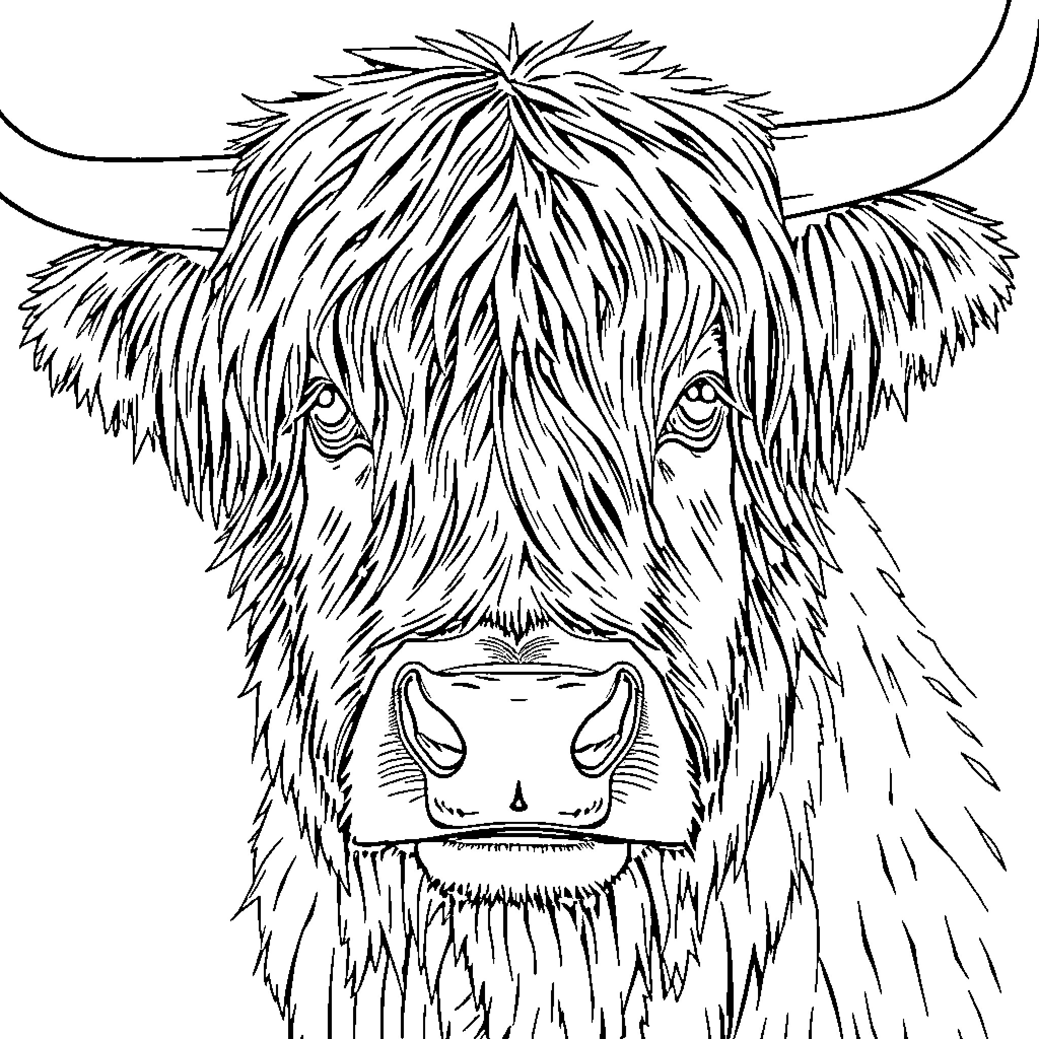 Highland Cow with Expressive Fur Coloring Page (free black-and-white line drawing printable PDF for all, from beginners to advanced learners, including children, teens, adults, and seniors)
