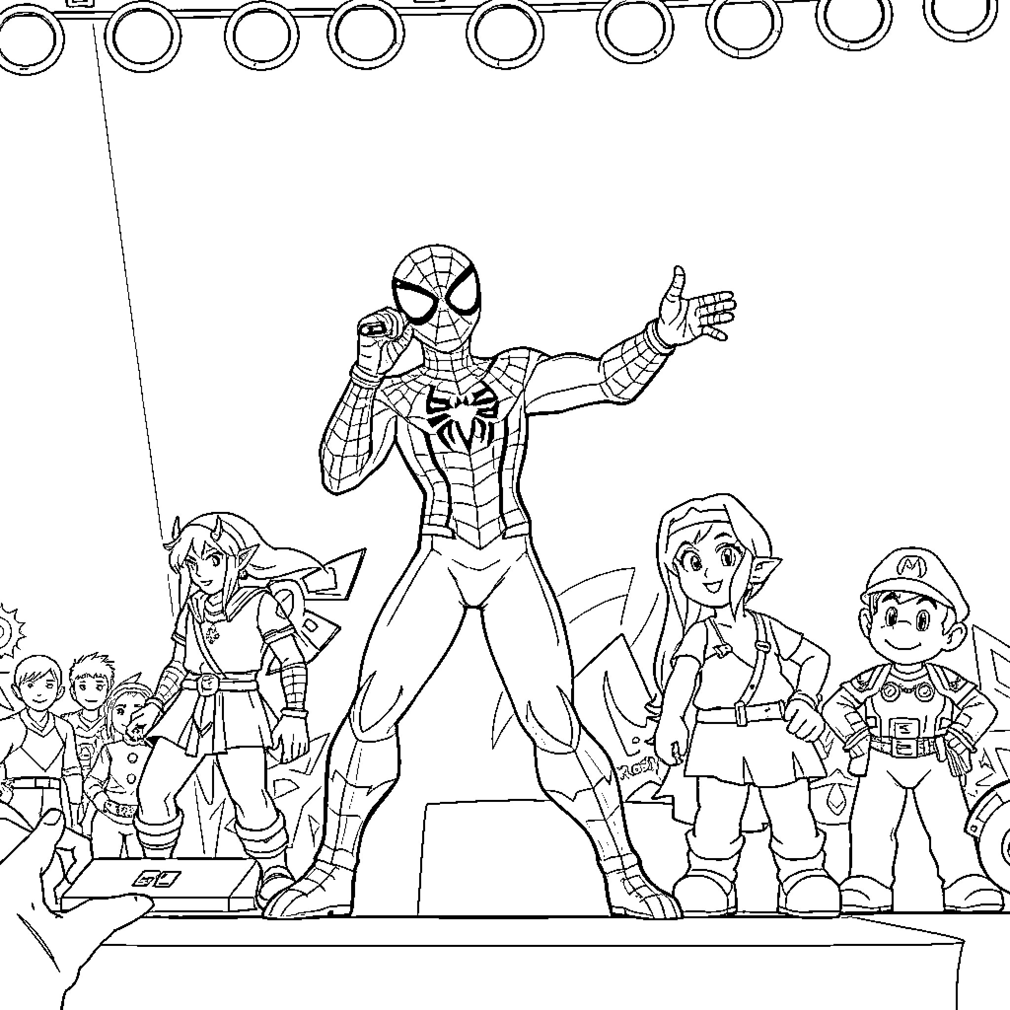 Spider-Man leading a group of superheroes on an adventure Coloring Page (free black-and-white line drawing printable PDF for all, from beginners to advanced learners, including children, teens, adults, and seniors)