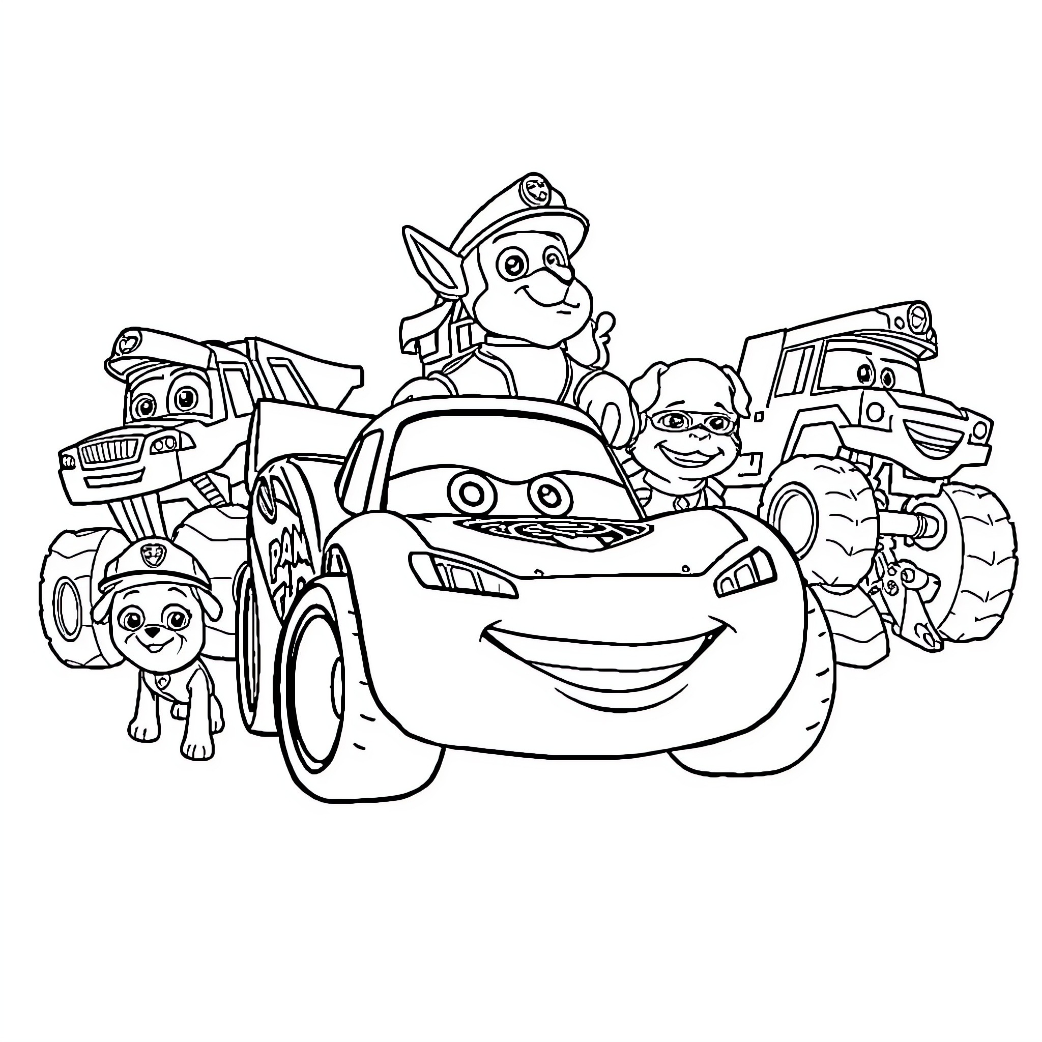 Monster Truck Gang Engaging in Fun and Adventure Coloring Page (free black-and-white line drawing printable PDF for all, from beginners to advanced learners, including children, teens, adults, and seniors)