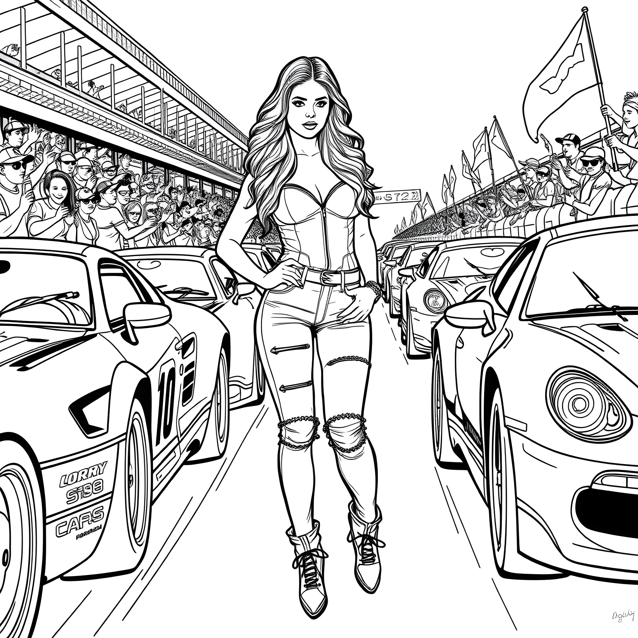 Selena Gomez at a car racing event Coloring Page (free black-and-white line drawing printable PDF for all, from beginners to advanced learners, including children, teens, adults, and seniors)