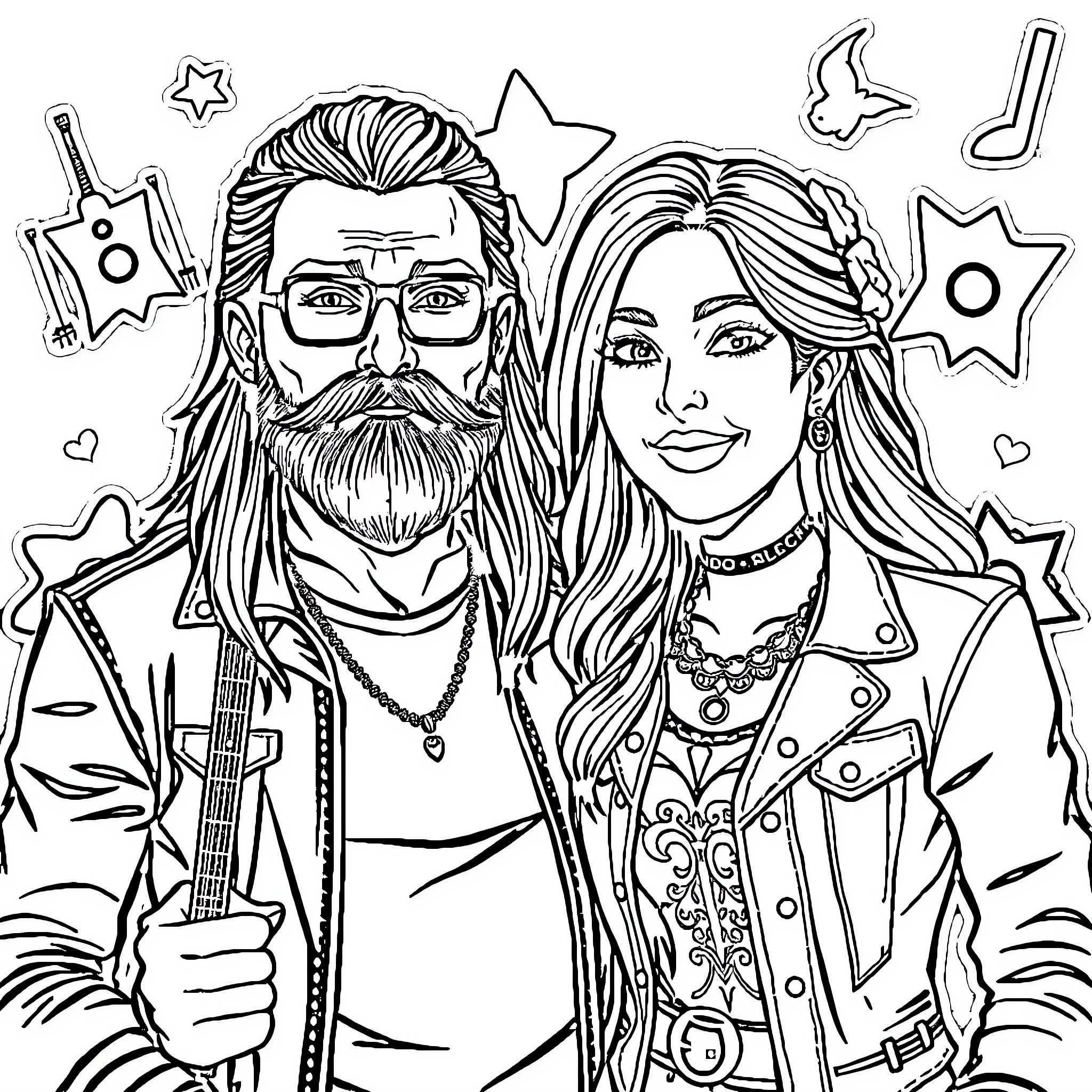Couple posing in rock music-inspired outfits Coloring Page (free black-and-white line drawing printable PDF for all, from beginners to advanced learners, including children, teens, adults, and seniors)