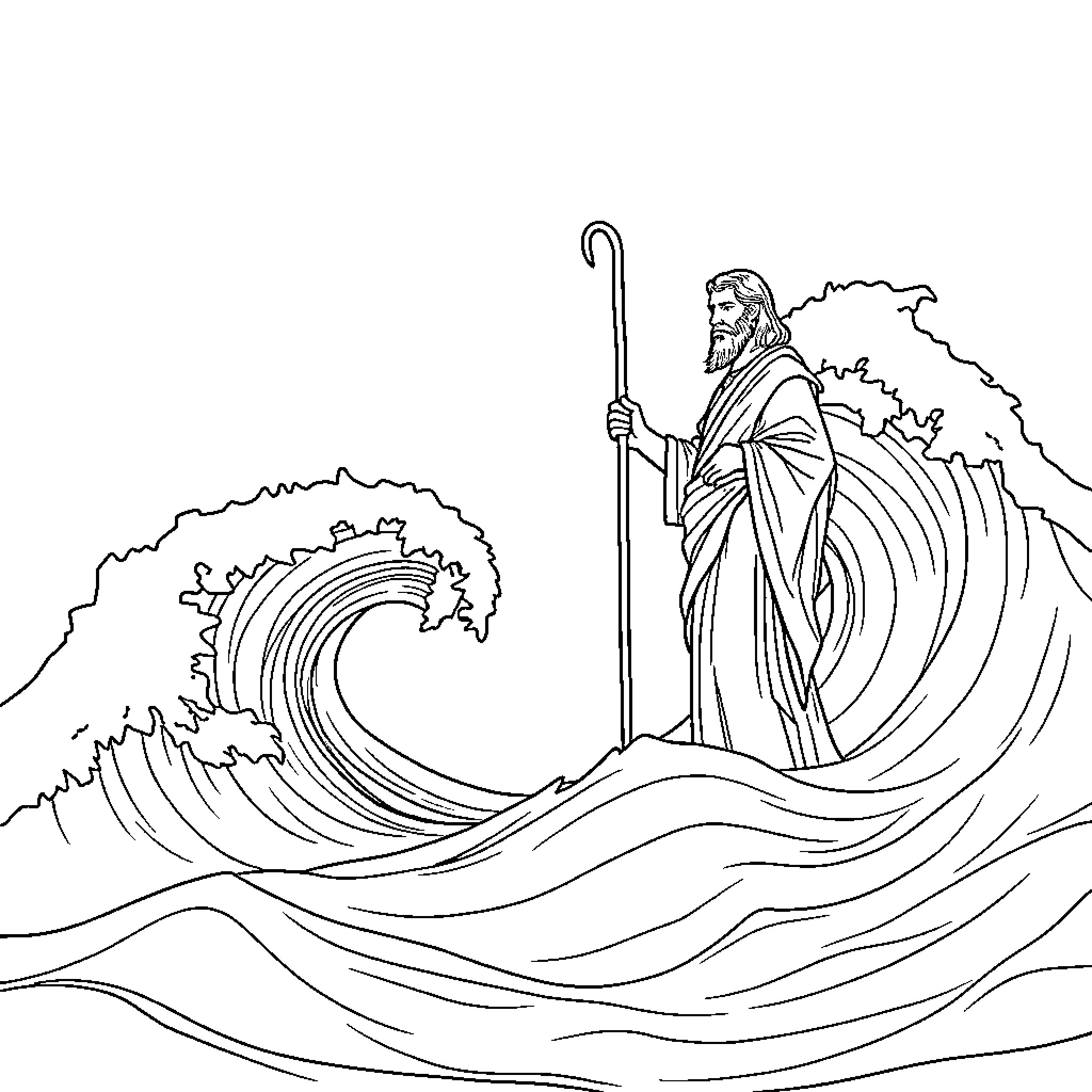 Moses parting the Red Sea with his staff Coloring Page (free black-and-white line drawing printable PDF for all, from beginners to advanced learners, including children, teens, adults, and seniors)