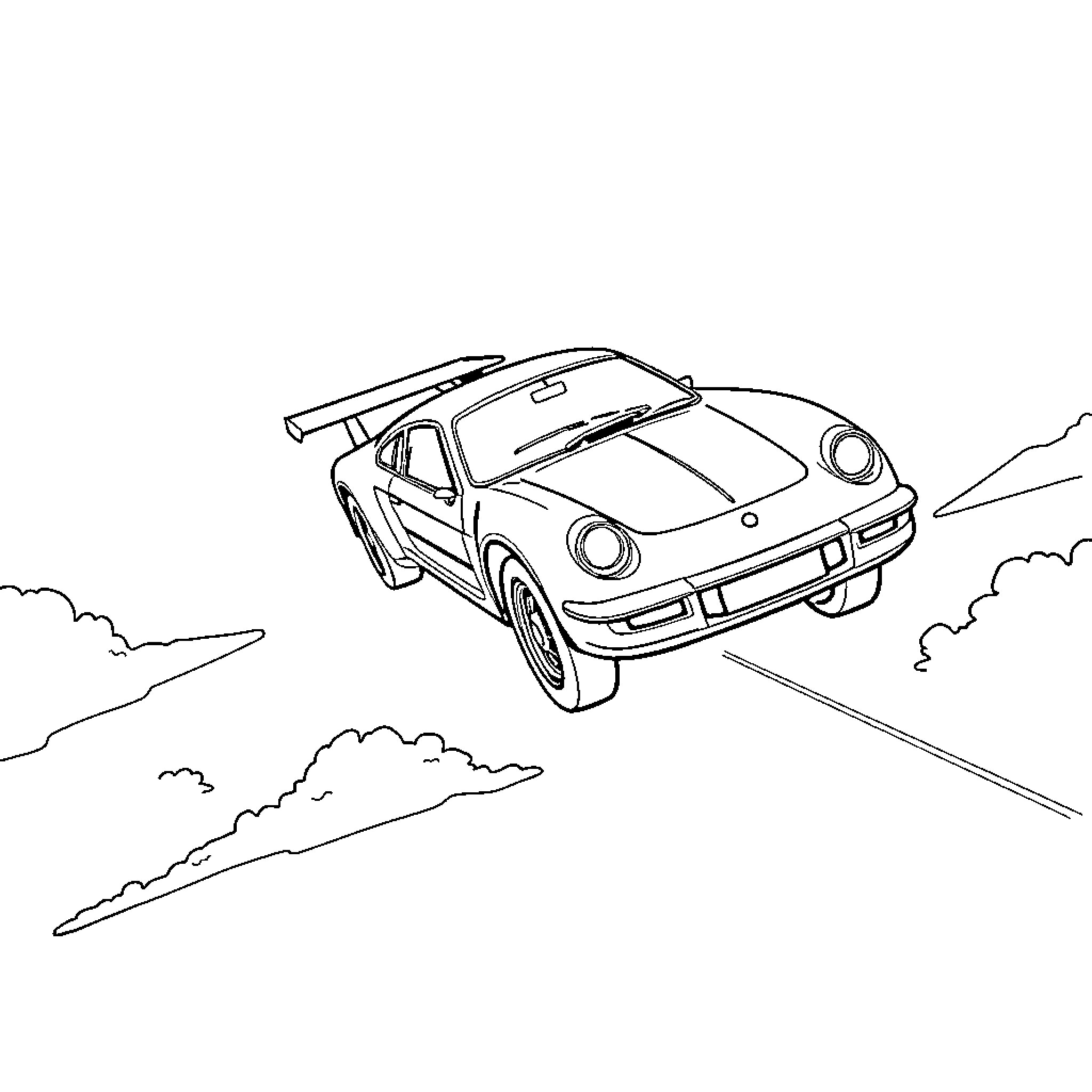 Flying Car soaring above the clouds Coloring Page (free black-and-white line drawing printable PDF for all, from beginners to advanced learners, including children, teens, adults, and seniors)