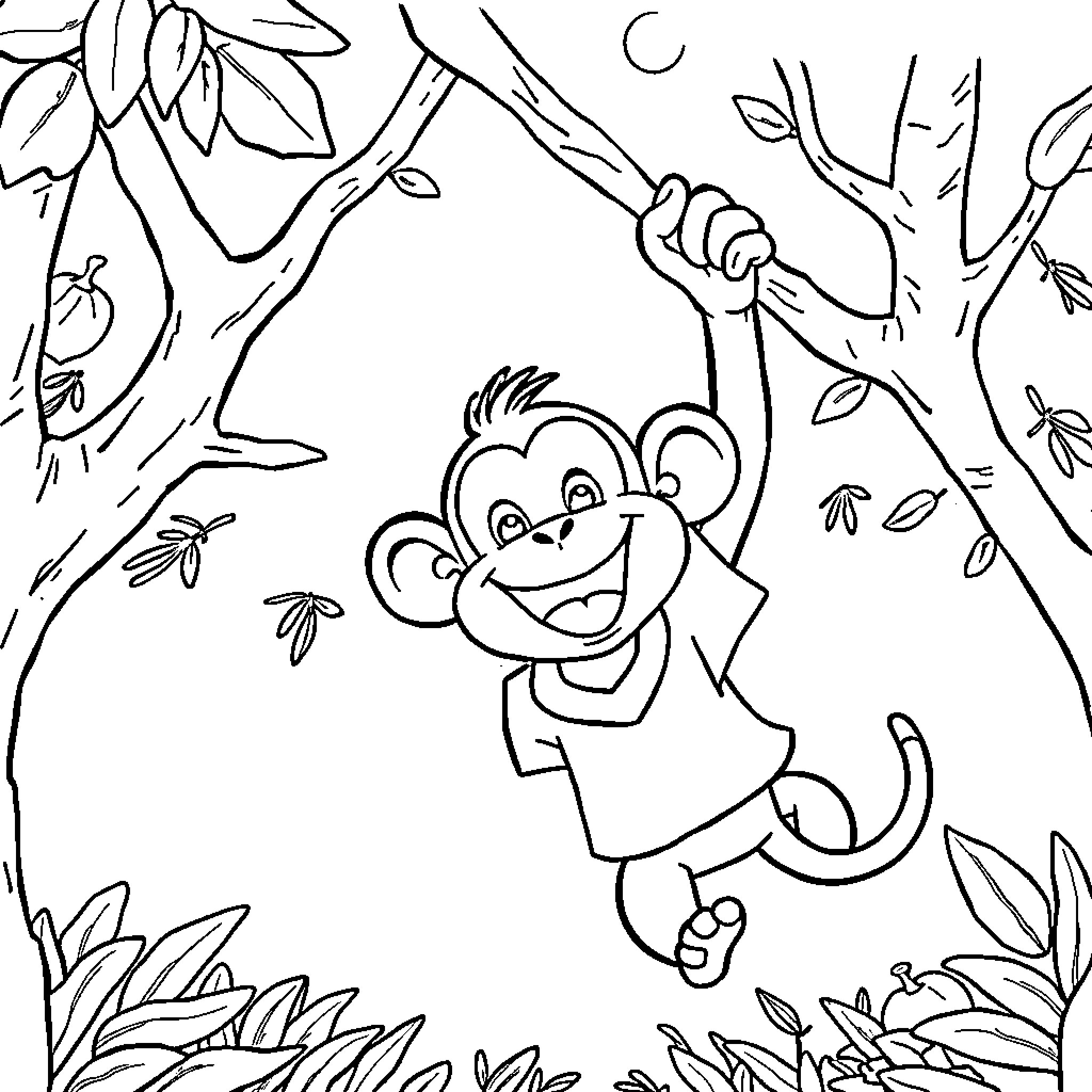 Chico Bon Bon playfully swinging in the jungle Coloring Page (free black-and-white line drawing printable PDF for all, from beginners to advanced learners, including children, teens, adults, and seniors)