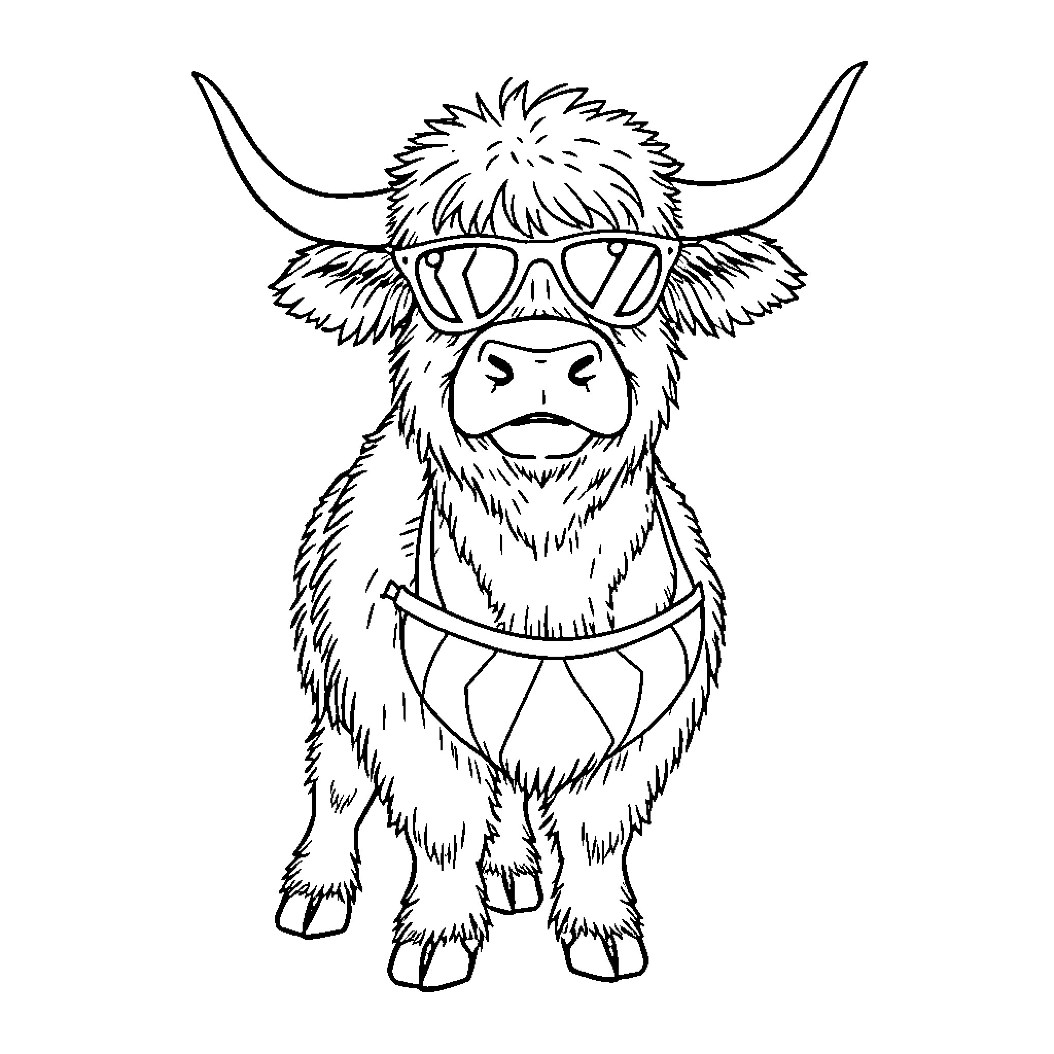 Highland Cow wearing sunglasses and smiling Coloring Page (free black-and-white line drawing printable PDF for all, from beginners to advanced learners, including children, teens, adults, and seniors)