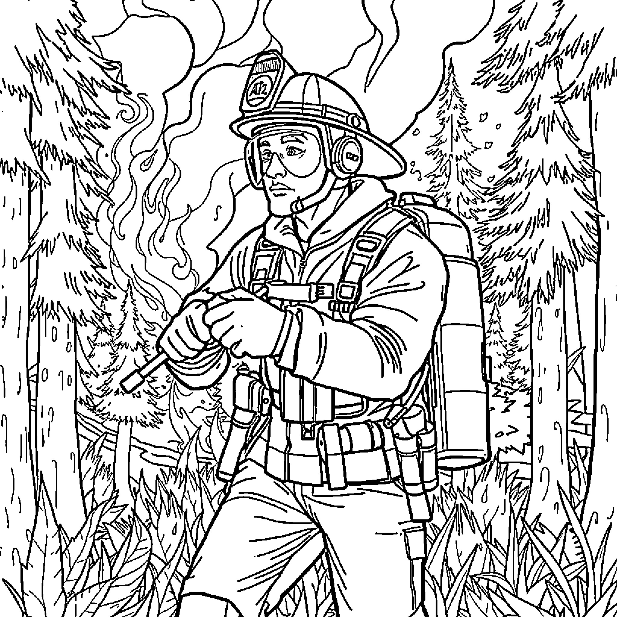Firefighter battling a blaze in the wilderness Coloring Page (free black-and-white line drawing printable PDF for all, from beginners to advanced learners, including children, teens, adults, and seniors)