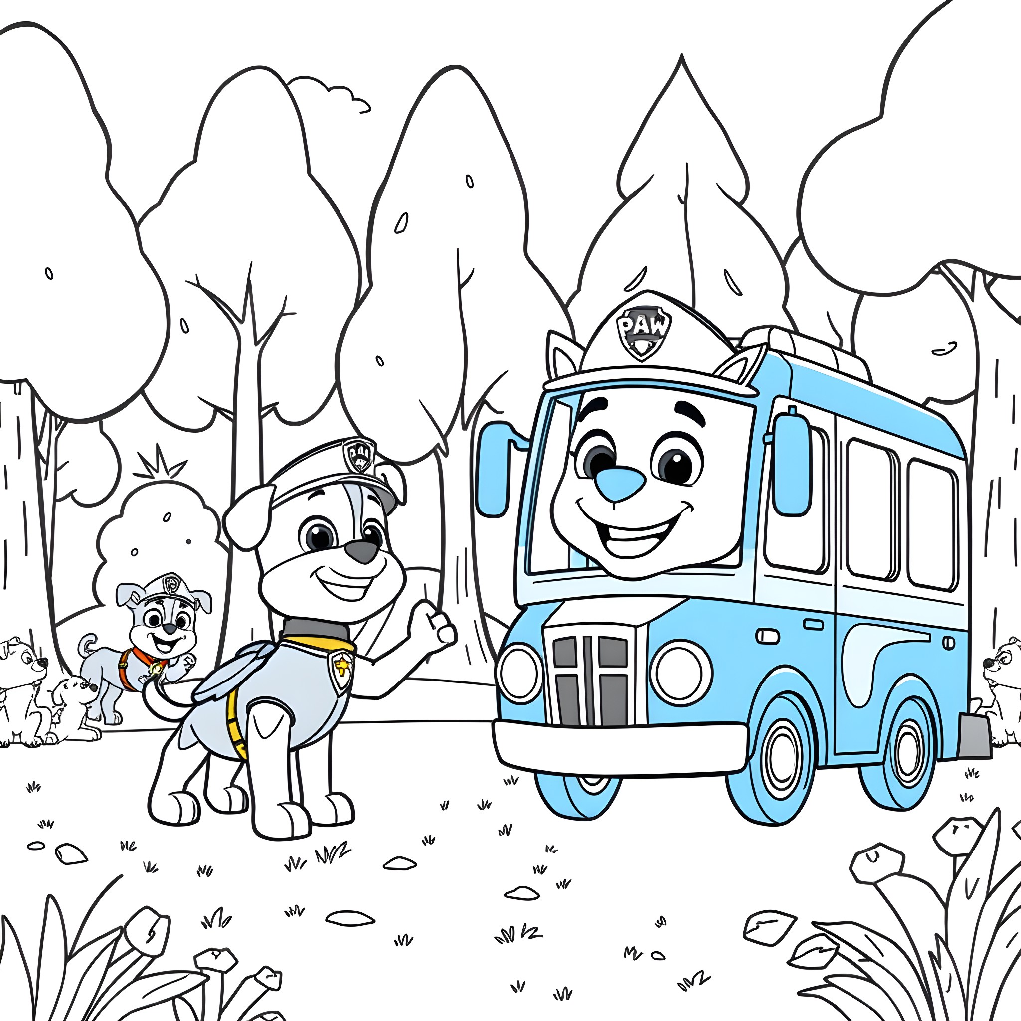 Tayo the Little Bus and his Paw Patrol Friend in the Forest Coloring Page (free black-and-white line drawing printable PDF for all, from beginners to advanced learners, including children, teens, adults, and seniors)