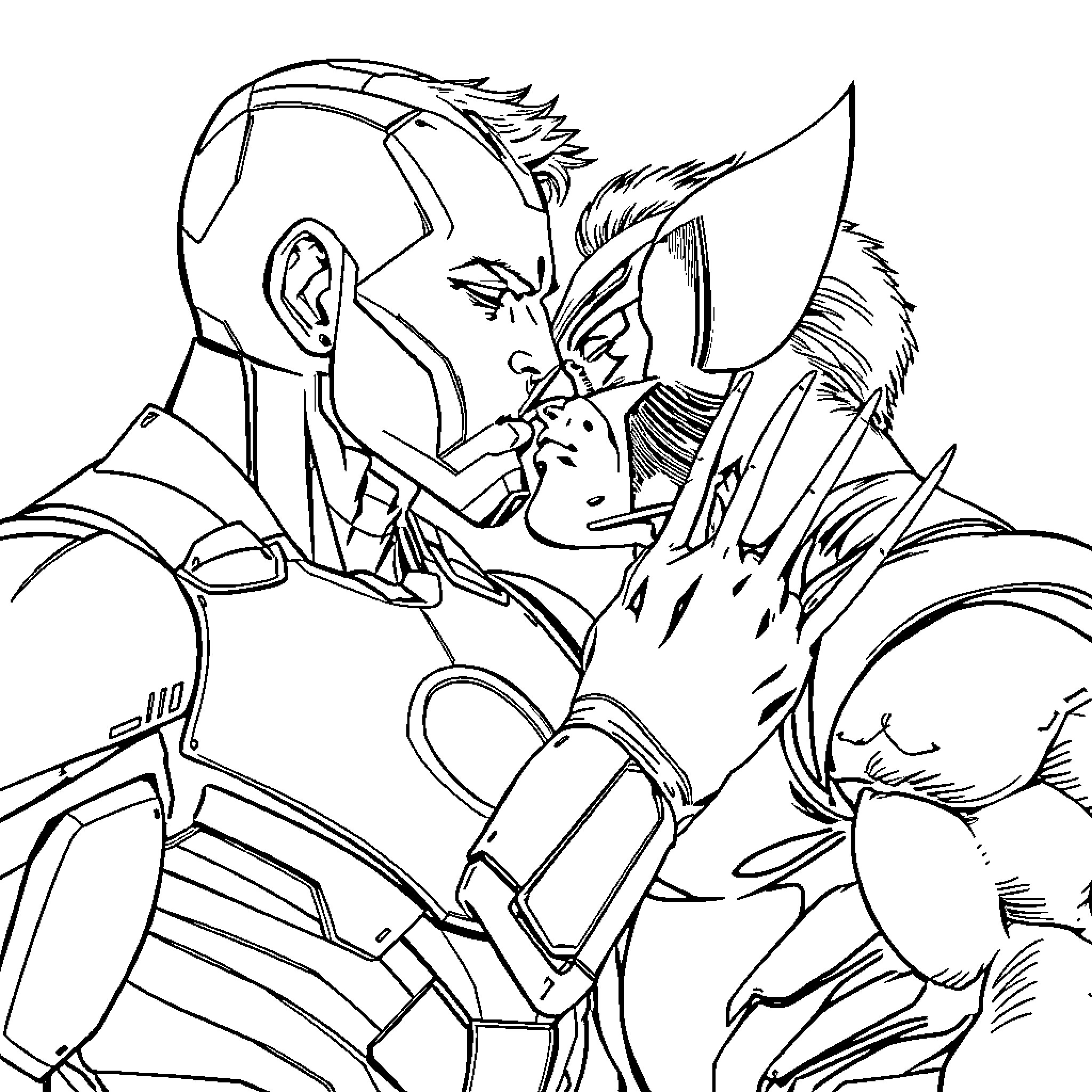 Iron Man battling a fierce foe in dramatic confrontation Coloring Page (free black-and-white line drawing printable PDF for all, from beginners to advanced learners, including children, teens, adults, and seniors)
