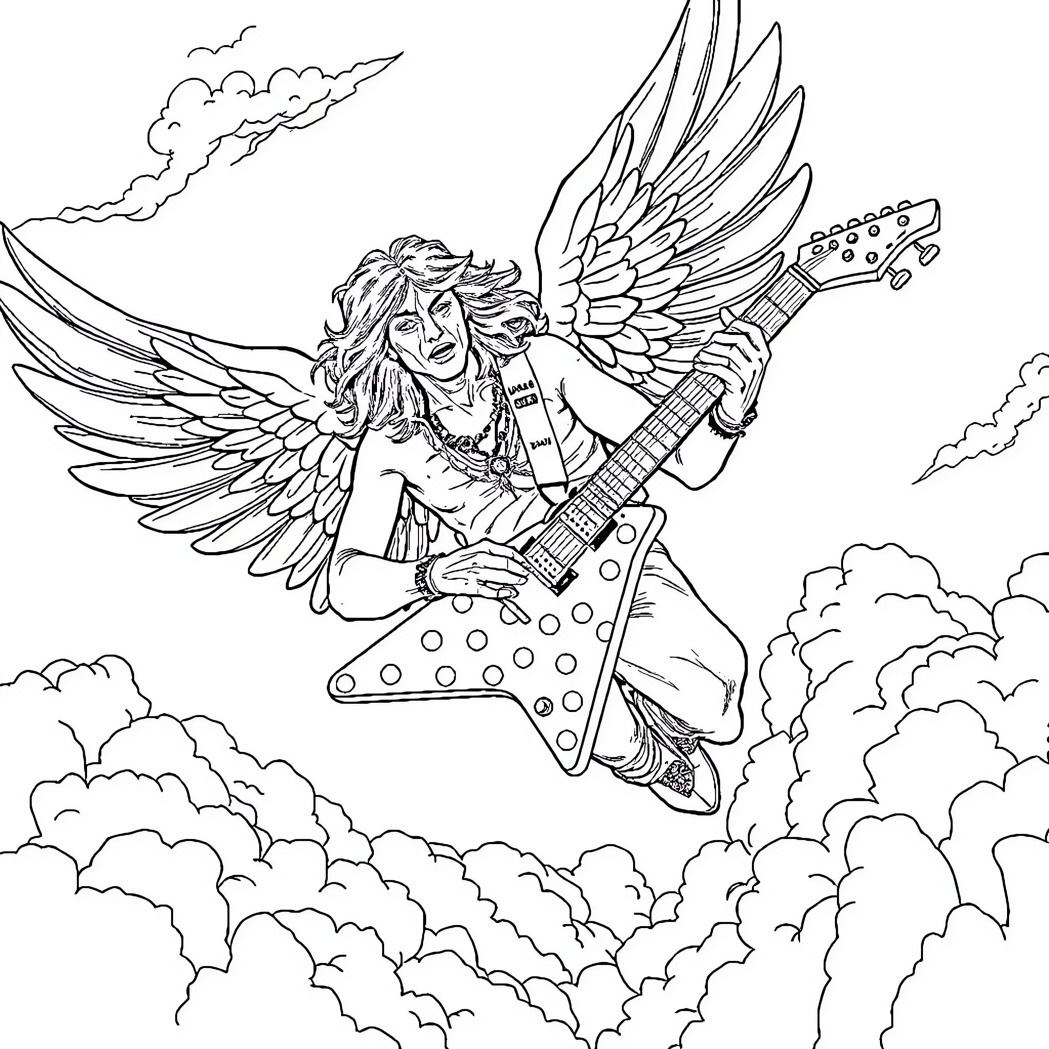 Randy Rhoads, the Winged Guitarist Soaring through the Skies Coloring Page (free black-and-white line drawing printable PDF for all, from beginners to advanced learners, including children, teens, adults, and seniors)