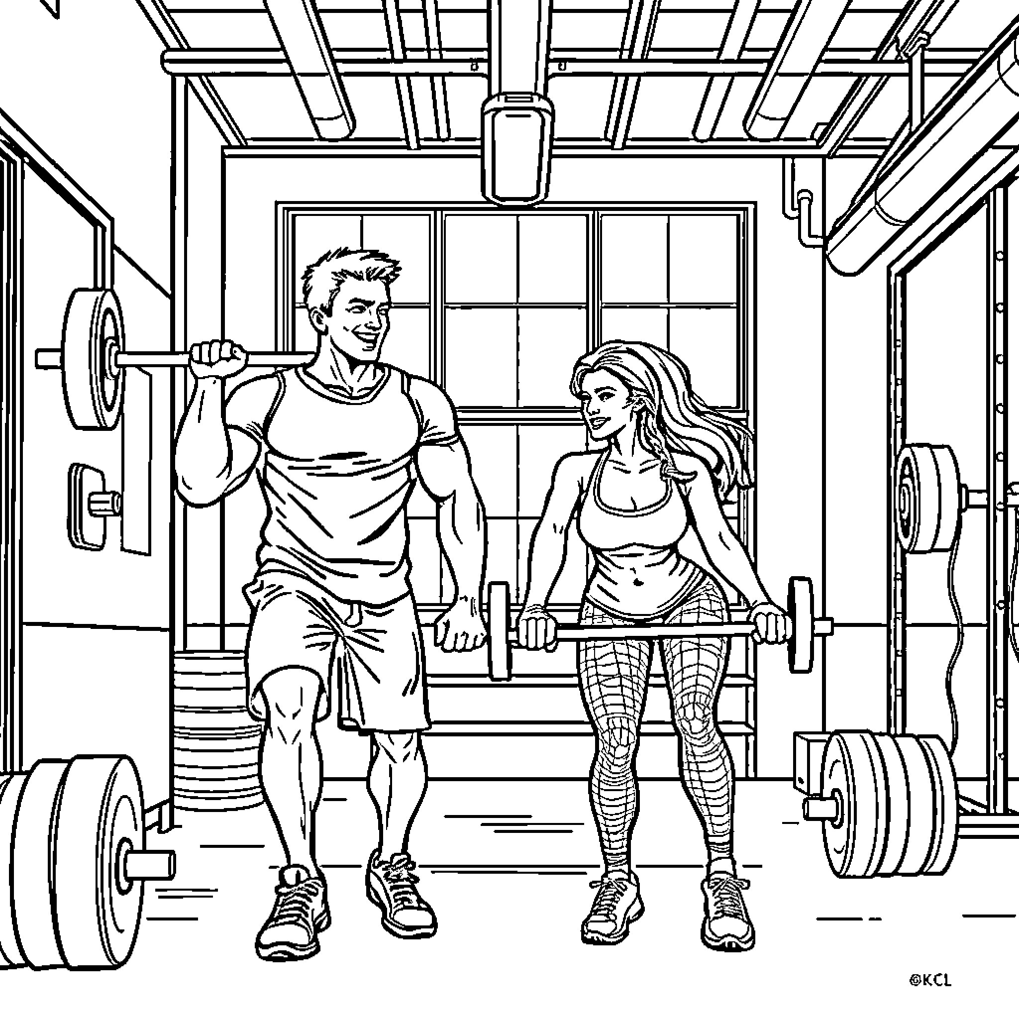 Crossfit Workout Session in Fitness Gym Coloring Page (free black-and-white line drawing printable PDF for all, from beginners to advanced learners, including children, teens, adults, and seniors)